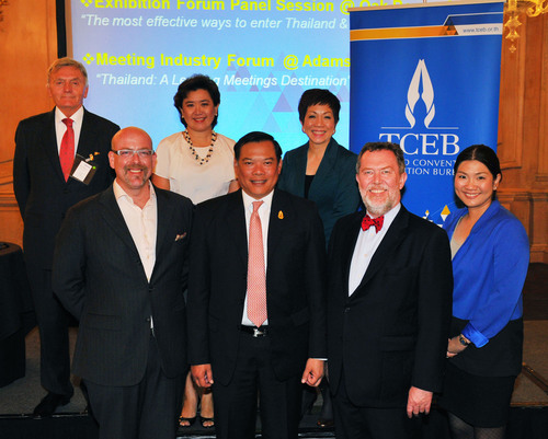 H.E.Mr.Pasan Teparak (First row, 2nd from left), Ambassador Extraordinary and Plenipotentiary to the United Kingdom and Northern Ireland presides over the Thailand's MICE Roadshow in UK 2013 conducted by TCEB. The roadshow programme is targeted to maintain the number of European MICE visitors to Thailand. The programme is endorsed by Mr. Rose O'Brien (First row,  1st on left), Senior Economist - The Economist and Mr. Paul Woodward (First row, 2nd from right), Managing Director of UFI - The Global Association of the Exhibition Industry extend their presentation to promote the potential of Thailand's MICE industry.  (PRNewsFoto/Thailand Convention and Exhibition Bureau)

