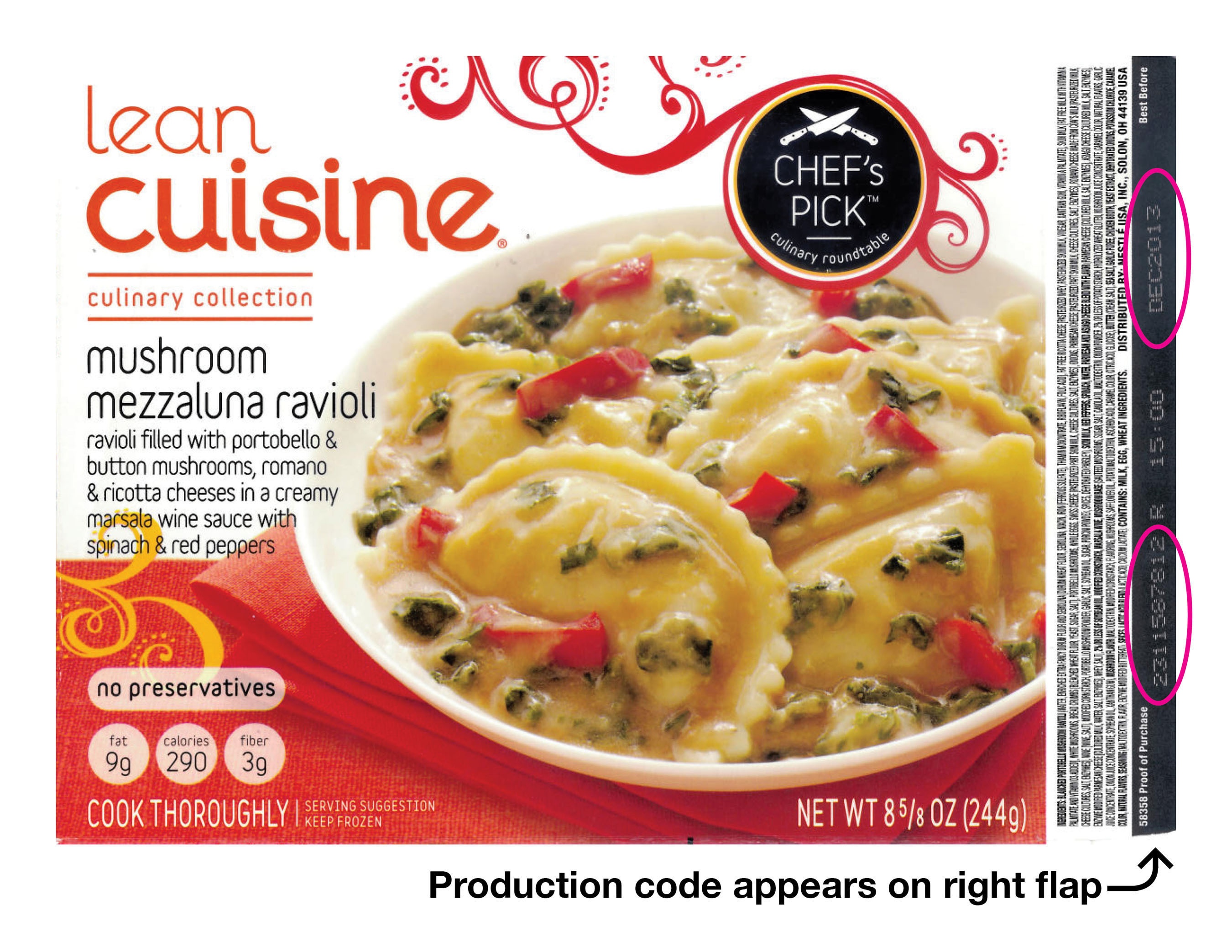 Nestle is voluntarily recalling LEAN CUISINE(R) Culinary Collection Mushroom Mezzaluna Ravioli with production codes 2311587812 and 2312587812; the "best before date" appears as DEC 2013. (PRNewsFoto/Nestle USA) (PRNewsFoto/NESTLE USA)