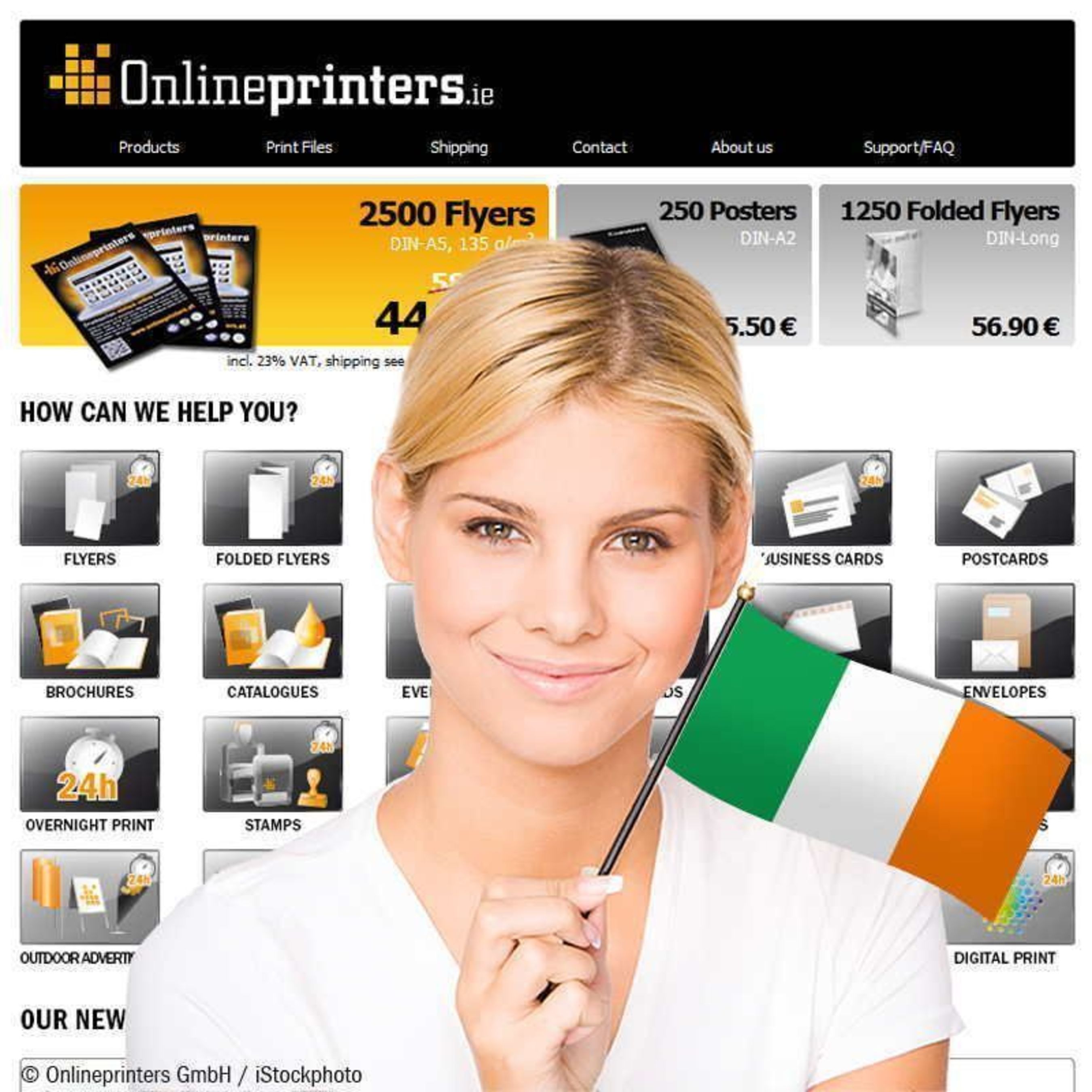 Printed products from the online shop: With the launch of the Irish web shop, Onlineprinters GmbH now operates eleven country shops for printed products in the market. In the online shop onlineprinters.ie, business and private customers from Ireland find all standard print products, such as flyers, business cards, posters, catalogues and brochures, in premium offset print quality as well as large-sized advertisement systems in flexible digital printing. Copyright: Onlineprinters / iStockphoto (PRNewsFoto/Onlineprinters GmbH)