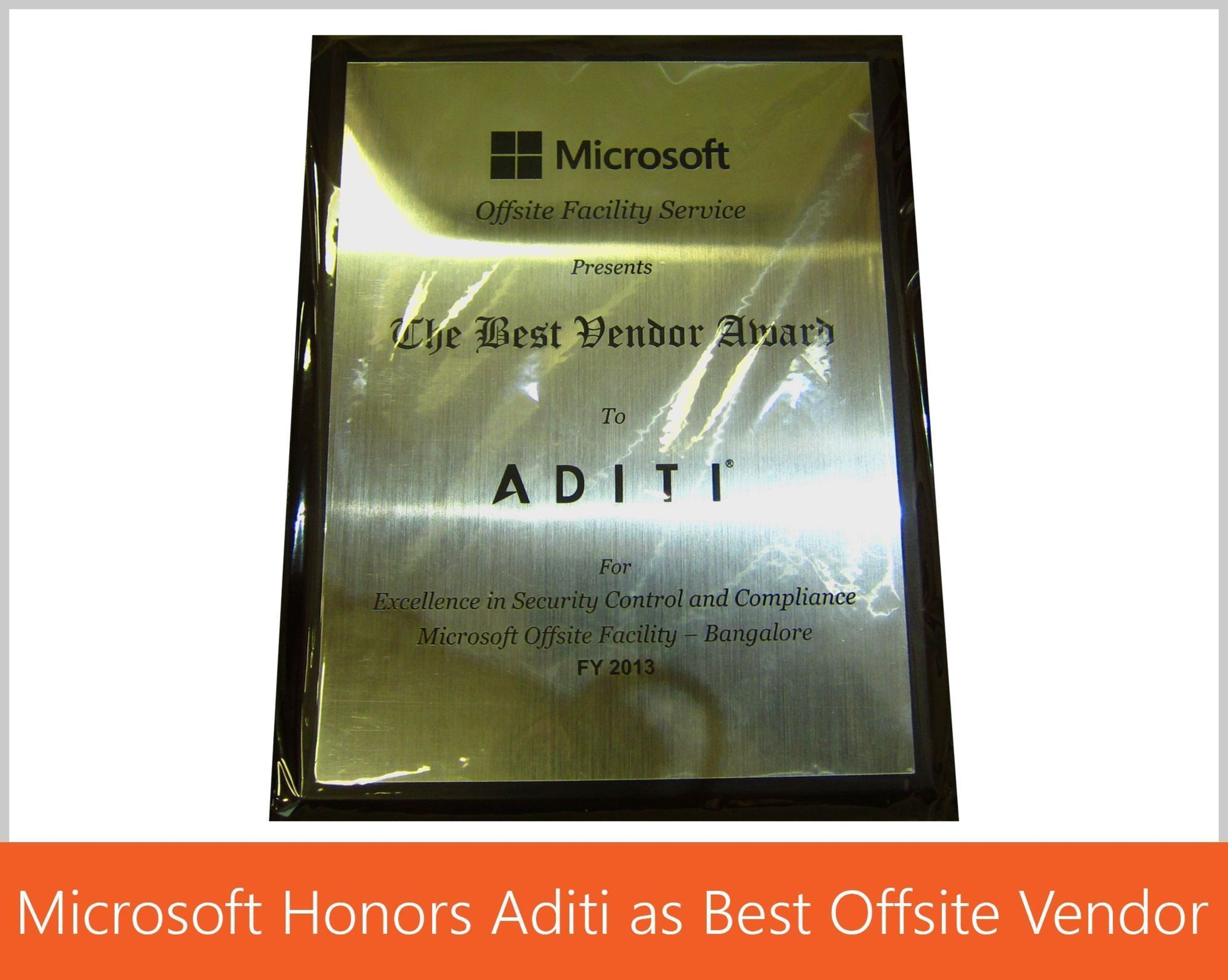 Microsoft Honors Aditi as Best Offshore Vendor (PRNewsFoto/Aditi Technologies Ltd)