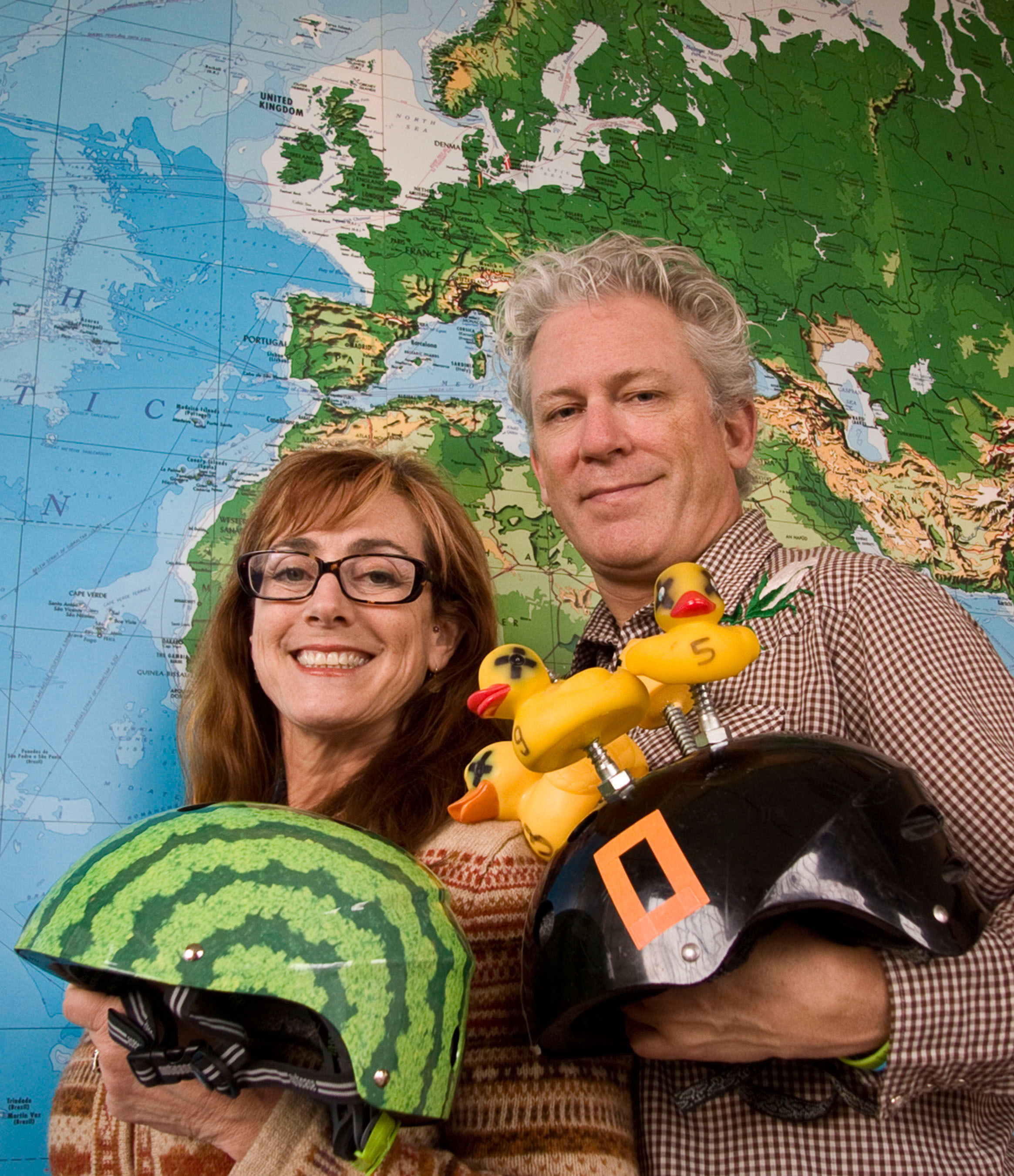 Nutcase "Nutty" Over Europe: Left to right, Nutcase Helmets Co-Founders Miriam Berman with the original Watermelon helmet design, and Michael Morrow with the concept helmet that started the global brand. (PRNewsFoto/Nutcase, Inc.) (PRNewsFoto/NUTCASE, INC.)