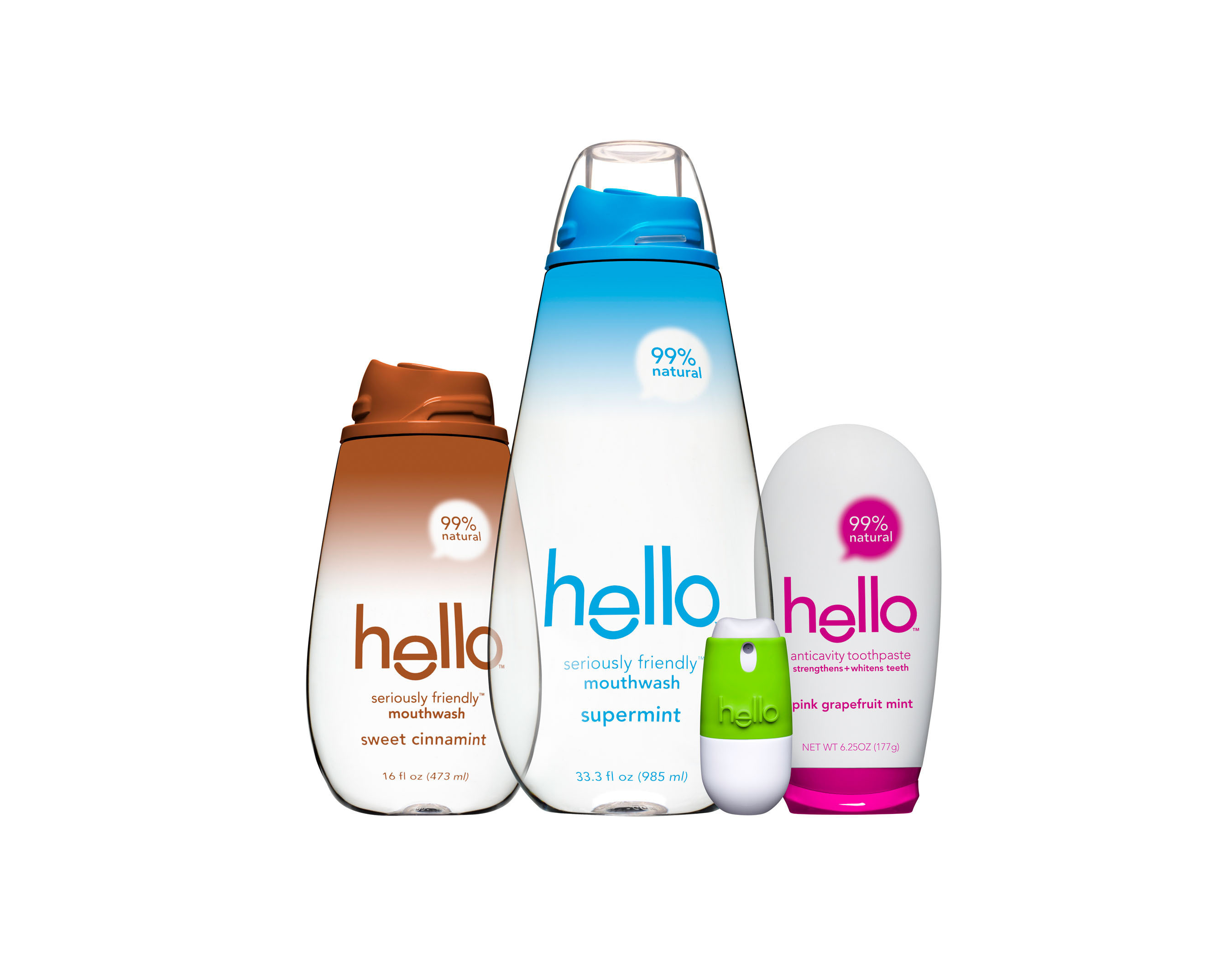 hello(TM), the first-ever seriously friendly(TM) oral care line, greets the world with 99% natural, 100% nice(TM) toothpastes, mouthwashes and breath sprays in distinctive, gorgeous designs created by BMW Group DesignworksUSA. hello promises a friendly mouth, and features products with no harsh chemicals, artificial colors, alcohol or pain, in four delectable flavors: Supermint, Pink Grapefruit Mint, Mojito Mint and Sweet Cinnamint. Available nationwide in Walgreens and Duane Reade stores, with additional retailers to follow. Visit www.hello-products.com for more information. (PRNewsFoto/Hello Products LLC) (PRNewsFoto/HELLO PRODUCTS LLC)