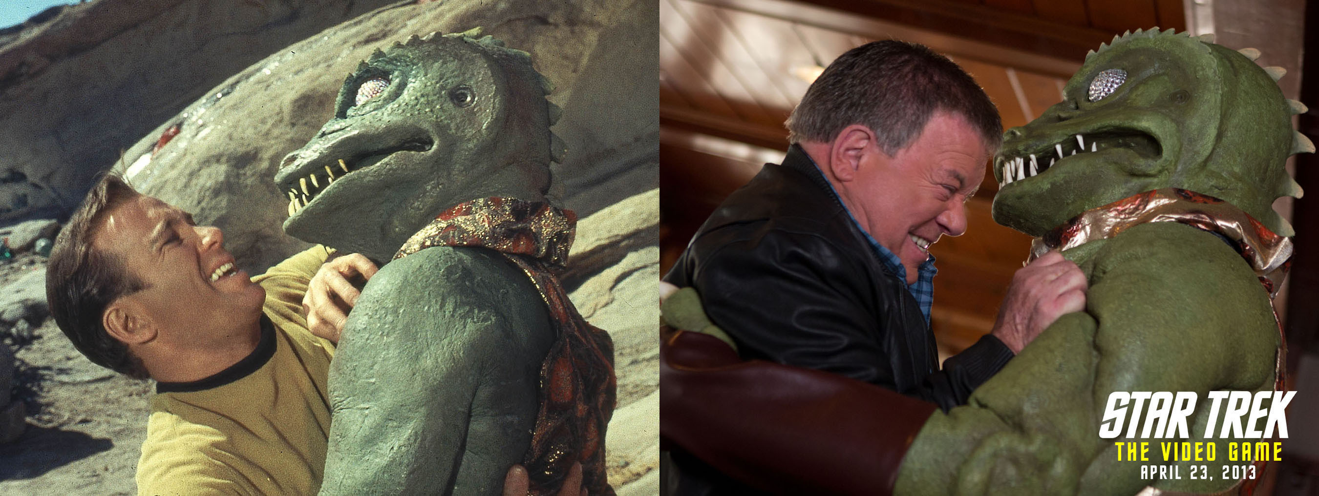 William Shatner and his Gorn co-star in the classic Star Trek episode "Arena" (1967) and now (2013). (PRNewsFoto/Paramount Pictures Corporation) (PRNewsFoto/PARAMOUNT PICTURES CORPORATION)