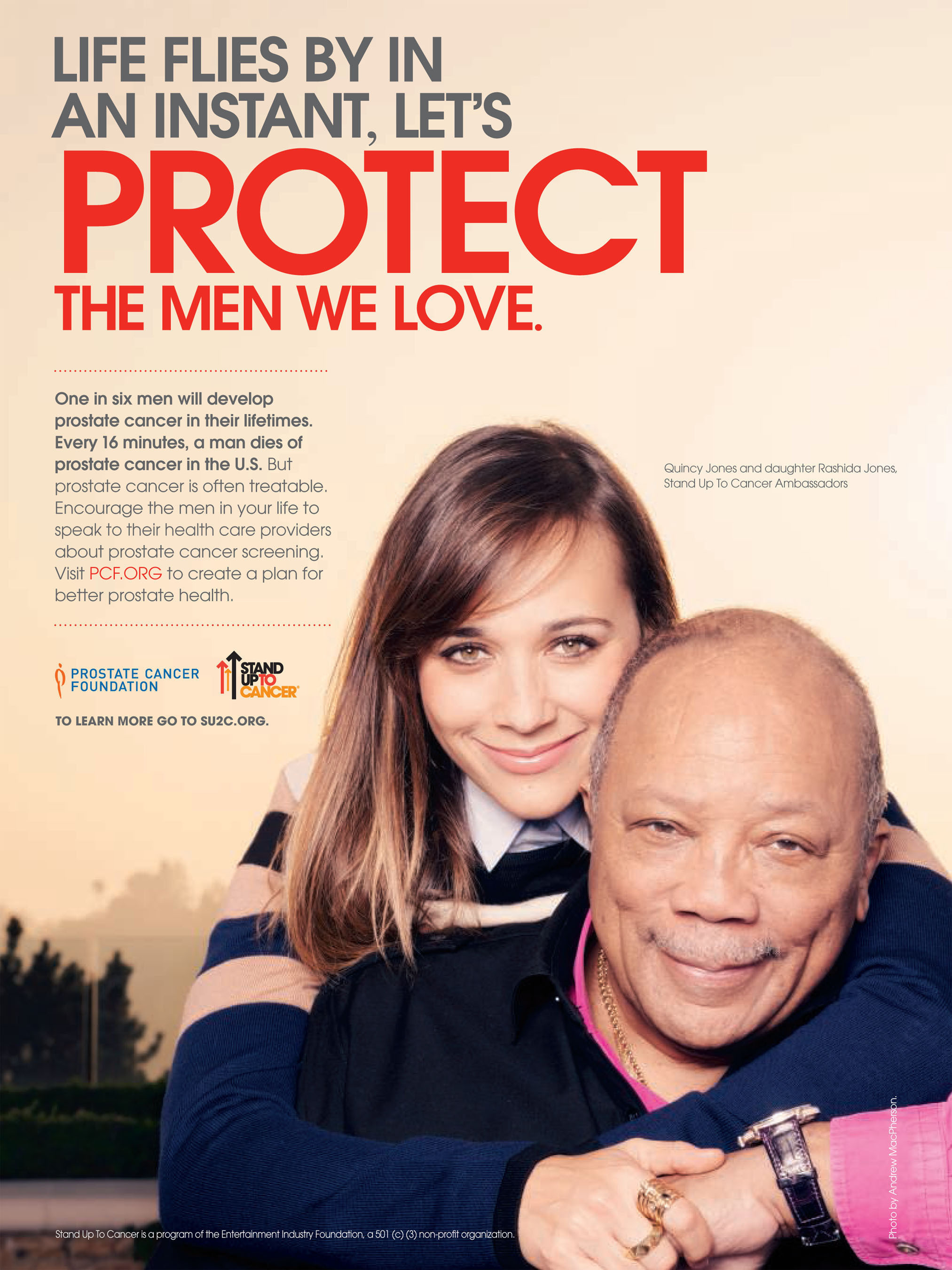 Quincy and Rashida Jones in the new PSA with The Prostate Cancer Foundation (PCF) and Stand Up To Cancer (SU2C). (PRNewsFoto/The Prostate Cancer Foundation and Stand Up To Cancer) (PRNewsFoto/THE PROSTATE CANCER FOUNDATION)