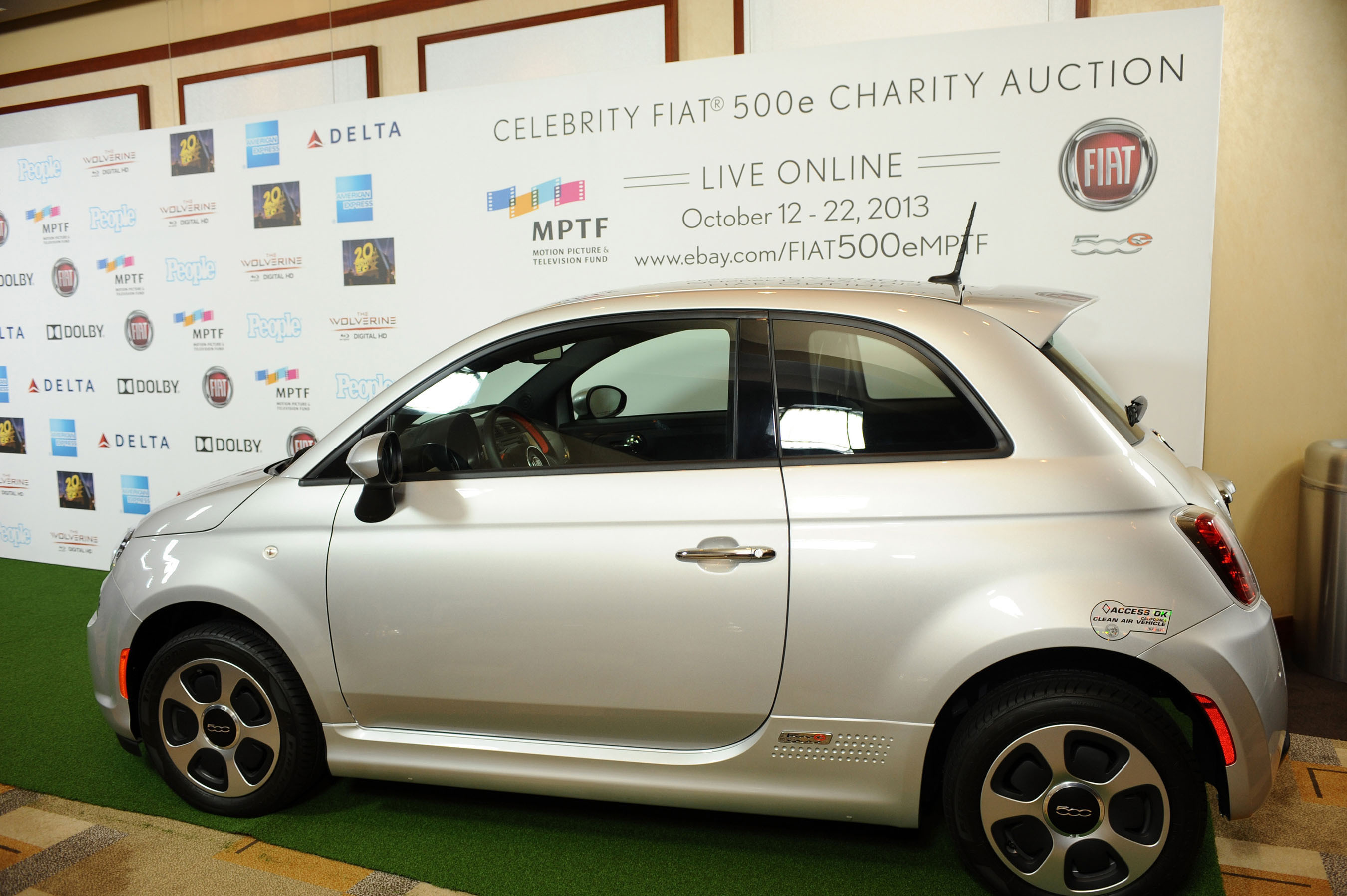 Fiat 500e Personalized by Hugh Jackman Receives Winning Auction Bid of $50,000 During MPTF's "One Night Only" Benefit on Saturday, October 12. Additional Fiat 500e vehicles have been signed by Jennifer Lawrence, Clint Eastwood, Anne Hathaway, Ron Howard, Barbra Streisand, Hans Zimmer, Kate Hudson, Will.i.am and Ryan Friedlinghaus are available for bidding until Oct. 22 on eBay Motors. (PRNewsFoto/Chrysler Group LLC) (PRNewsFoto/CHRYSLER GROUP LLC)