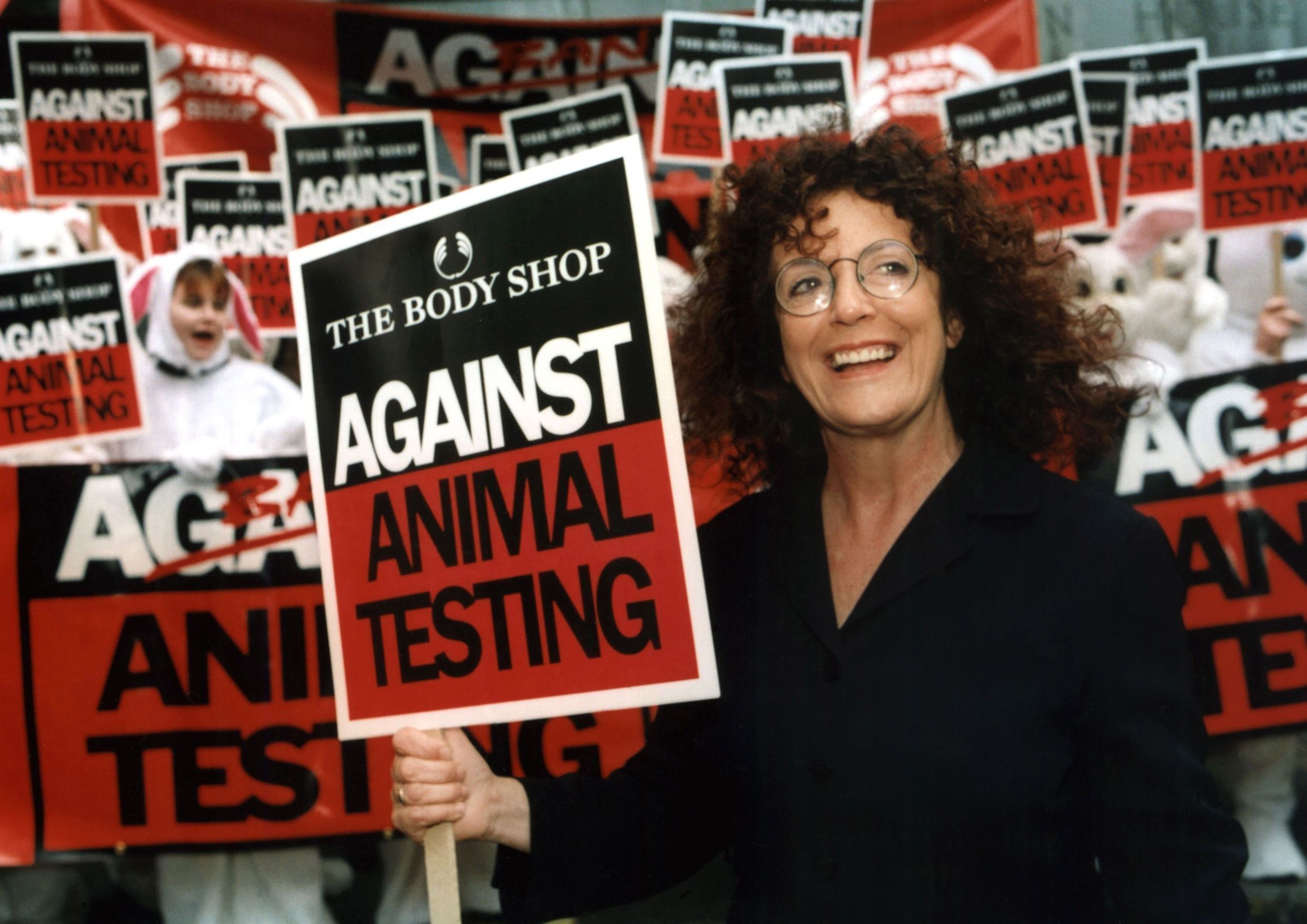 The Body Shop welcomes the news reports that The Chinese Food and Drug Administration will adopt a new approach to animal testing for cosmetic products. The Body Shop was the first and most long-standing cosmetics company to take action on the issue of animal testing for cosmetic purposes, led by founder Dame Anita Roddick, pictured here during their original campaign in 1993. (PRNewsFoto/The Body Shop)