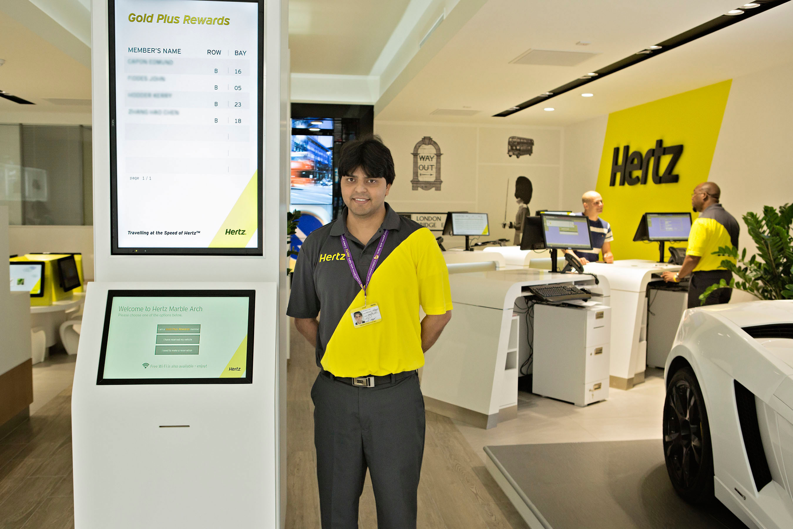Hertz enhances customer service at its London, Marble Arch location, with a trendy makeover including a concierge-style service, Hertz Supercar display, complimentary internet access and self service video kiosks. (PRNewsFoto/The Hertz Corporation) (PRNewsFoto/THE HERTZ CORPORATION)