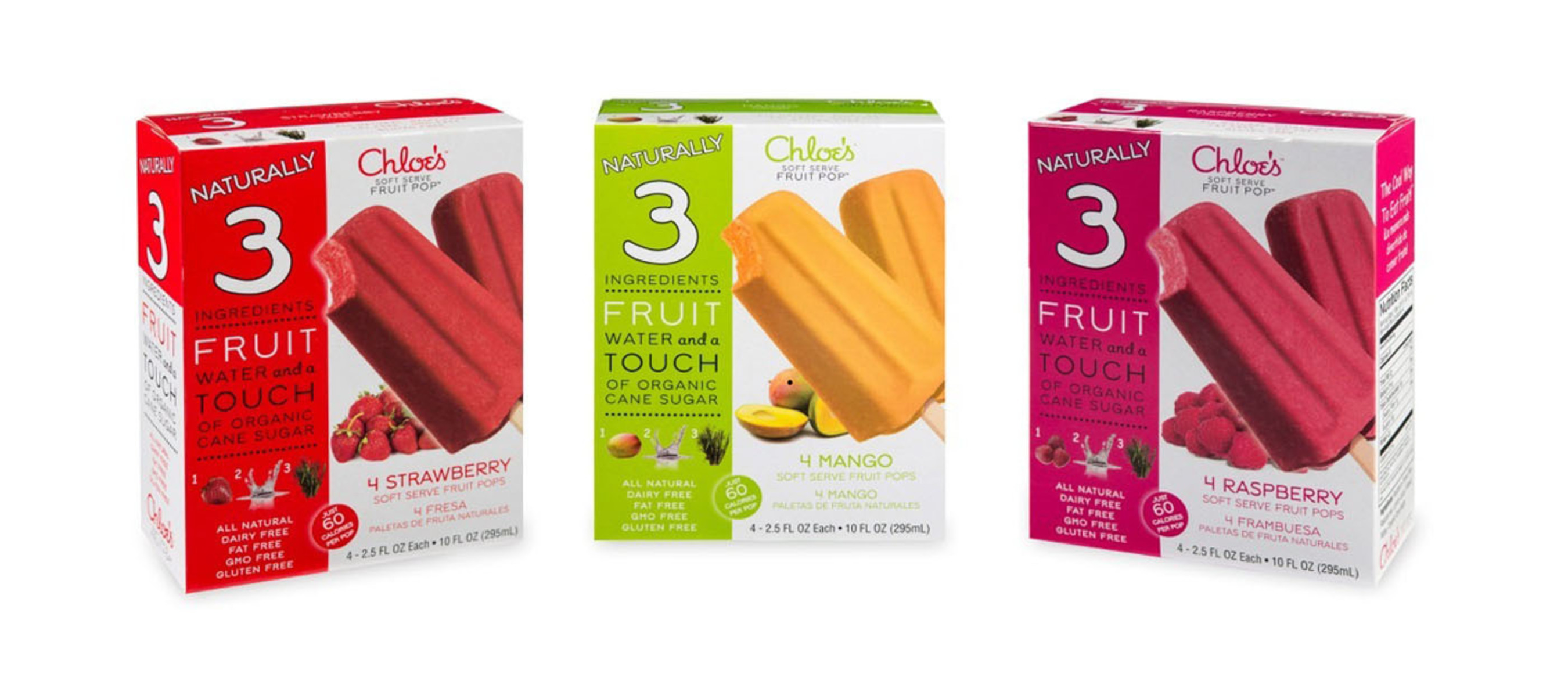 Chloe's Soft Serve Fruit Pops(TM), packaged for retail as 'Chloe's Naturally 3 Pops' come in strawberry, mango and raspberry 4-packs, each pop is 2.5 FL OZ. Made with just three ingredients: real fruit, filtered water and a touch of organic cane sugar, Chloe's Soft Serve Fruit Pops are not your typical frozen fruit bar. (PRNewsFoto/Chloe's Soft Serve Fruit Co) (PRNewsFoto/CHLOE'S SOFT SERVE FRUIT CO)