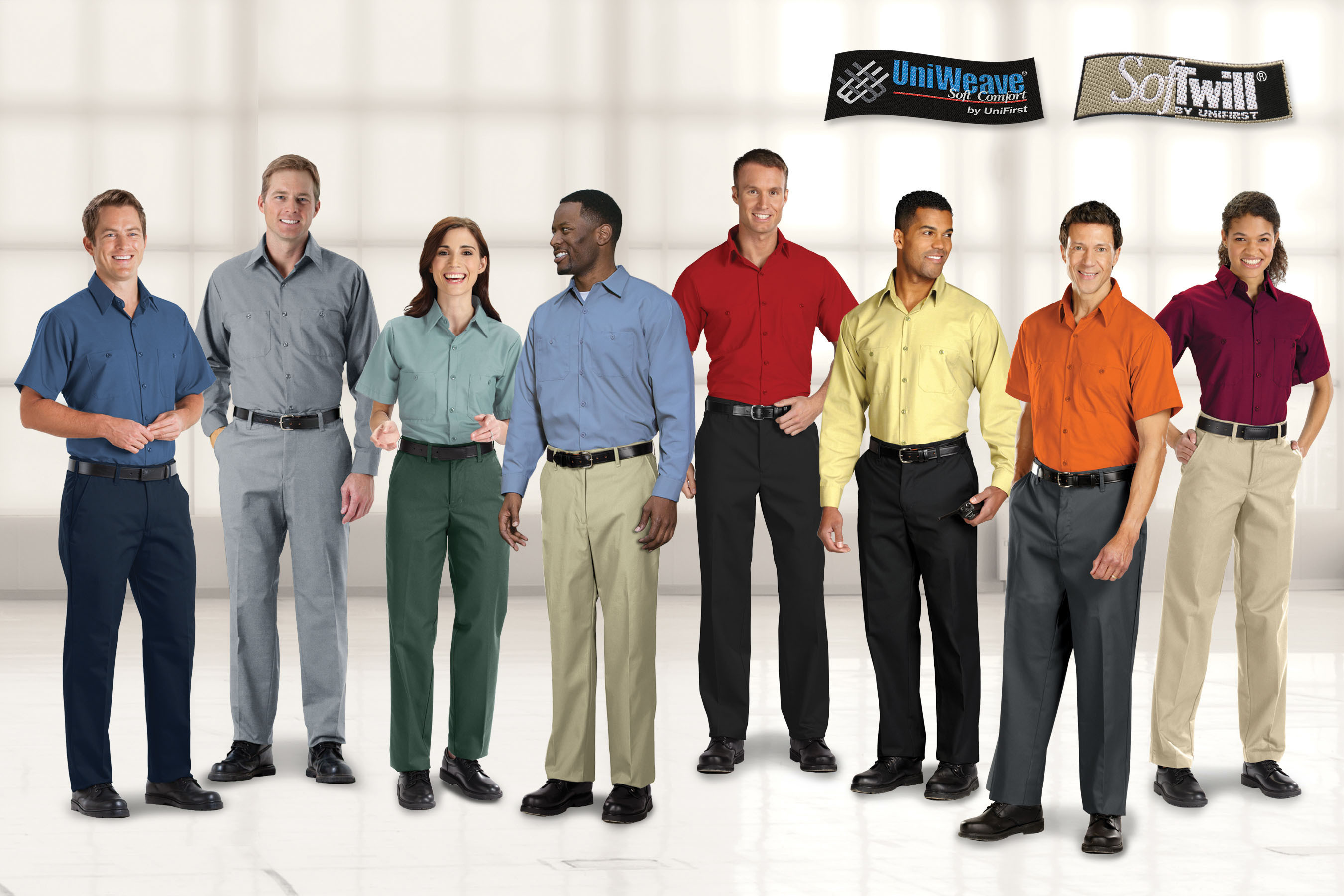 The color of shirts and pants employees wear, such as those pictured here manufactured by UniFirst Corporation, can help reinforce a basic or strategic business image. White, for example, connotes cleanliness and is generally favored by medical personnel; green suggests growth and fertility and is often the color of choice for landscape workers. (PRNewsFoto/UniFirst) (PRNewsFoto/UNIFIRST)