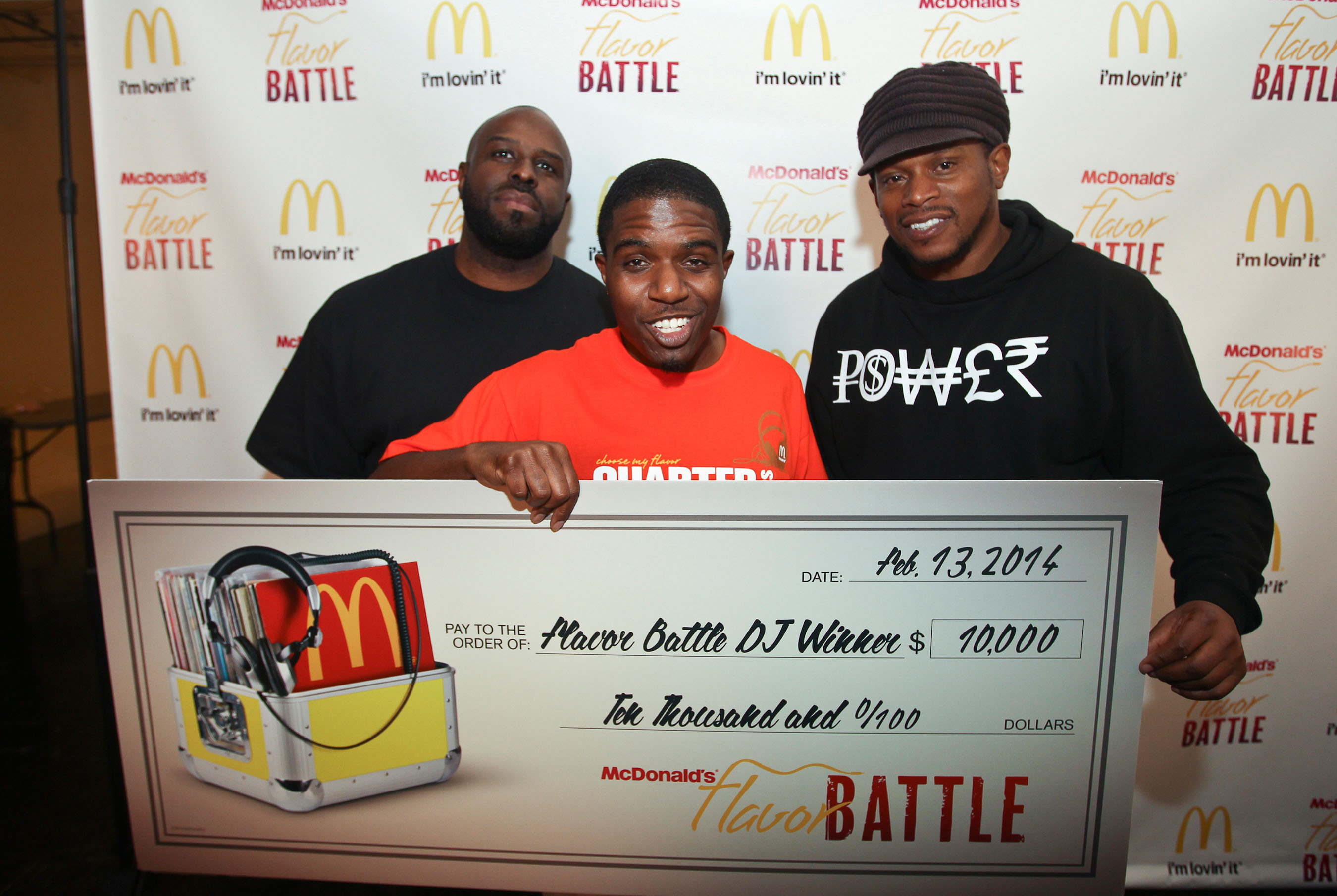 2014 McDonald's Flavor Battle champion, DJ R-Tistic of Los Angeles, celebrates his win with show host, DJ Funkmaster Flex, and social media correspondent, TV/radio personality, Sway Calloway. McDonald's Flavor Battle is a national online DJ competition that showcases some of America's hottest up-and-coming mix-masters. The competition began with 12 DJs with DJ R-Tistic edging out DJ Niena Drake of Chicago and DJ Erika B of Newport News, VA, before a panel of celebrity judges and online viewers. Watch the rebroadcast of the finale until March 30 on FlavorBattle.com. Photo credit: Soul Brother. (PRNewsFoto/McDonald's) (PRNewsFoto/MCDONALD'S)