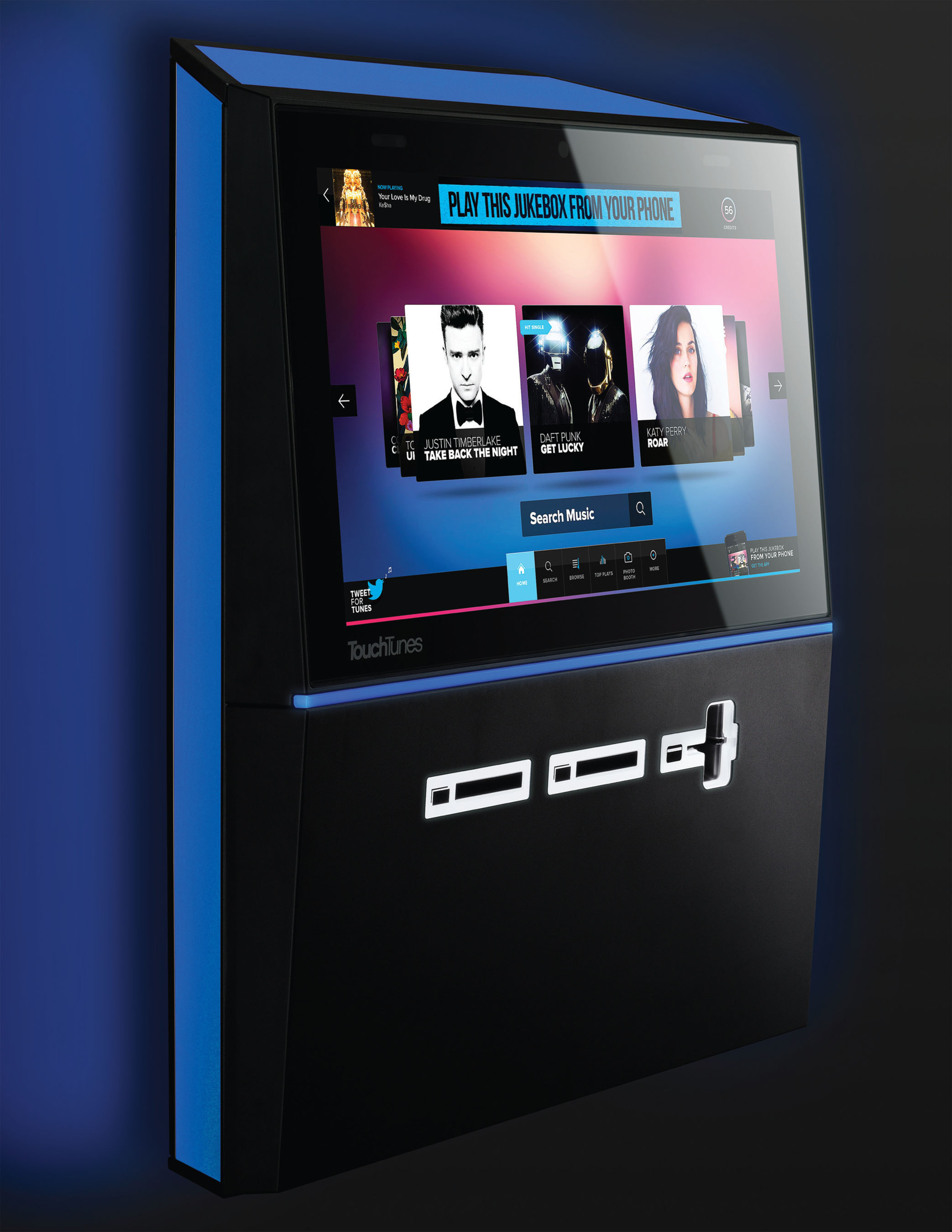 TouchTunes, the largest in-venue interactive entertainment network in North America, today announced Playdium, a next-generation entertainment platform that redefines the possibilities for new and engaging user experiences. Playdium combines a revolutionary new music experience that allows the jukebox to reflect the unique musical taste of each venue with a sleek, modular design. Playdium also supports the leading TouchTunes mobile app, and integrated Karaoke and PhotoBooth. (PRNewsFoto/TouchTunes) (PRNewsFoto/TOUCHTUNES)