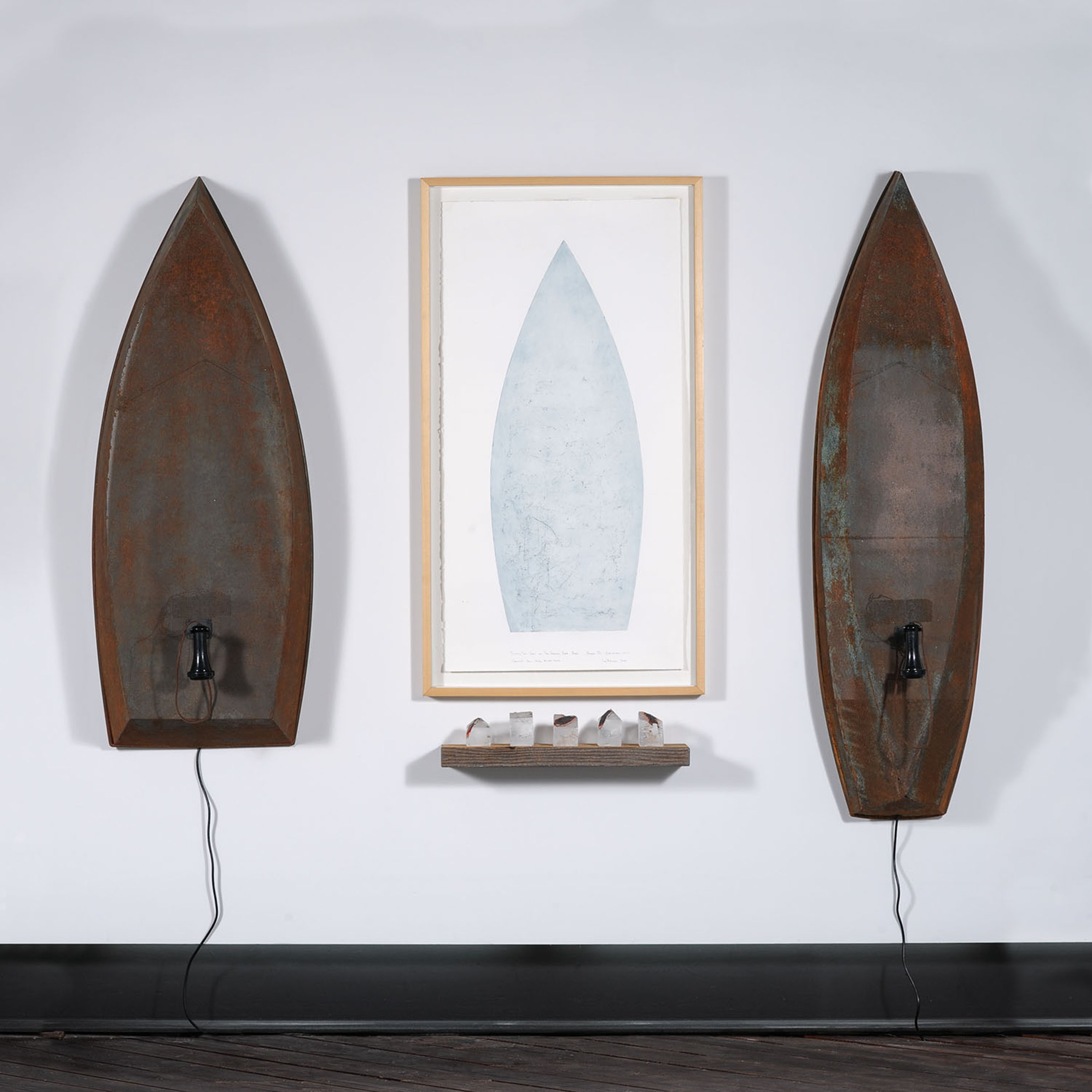 Skiff/Trow interactive boat sculptures. Viewer hears roaring river. Print made by river rocks on copper plate. Cast glass houses of copper and wood all by Lawrence LaBianca, photo by Tom Grotta. (PRNewsFoto/browngrotta arts, Tom Grotta) (PRNewsFoto/BROWNGROTTA ARTS)