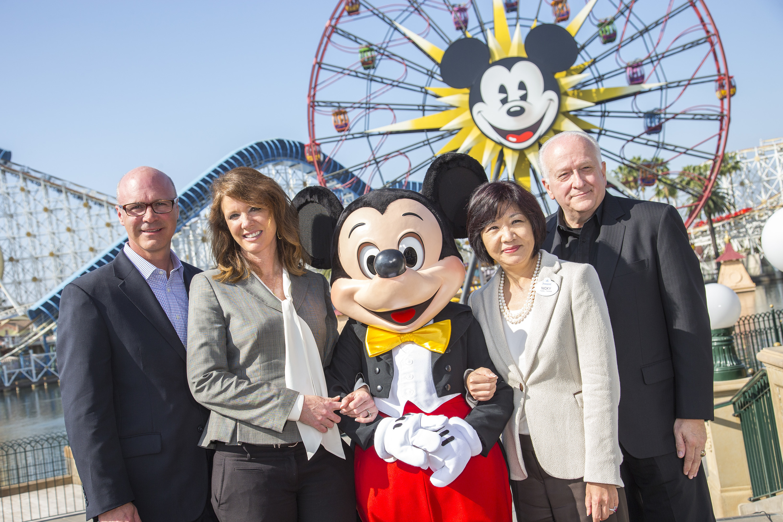 April 15 Press Conference at Disney's California Adventure to announce largest singular group of Chinese travelers ever to visit the U.S.  First stop is Orange County, CA.  Speakers: Caroline Betata, VisitCalifornia; Ed Fuller, Orange County Visitors Association; Jay Buress, Anaheim/OC CVB; Nicky Tang, Disney. (PRNewsFoto/Orange County Visitors Assoc.)