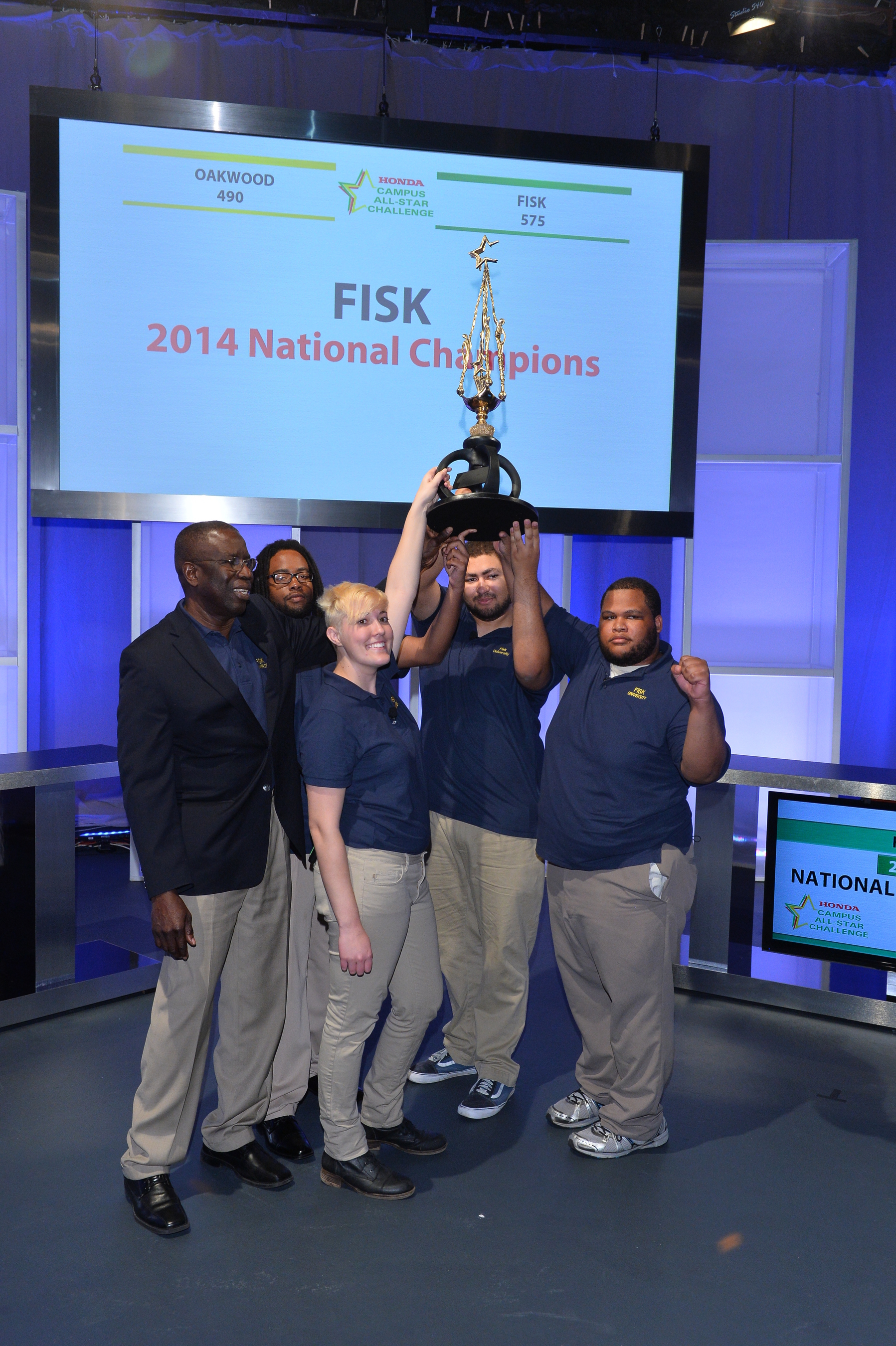 Fisk University, 2014 Honda Campus All-Star Challenge (HCASC) National Champions, celebrate their victory on April 14, 2014 in Torrance, CA. From left to right: Dr. Stafford W. Cargill (coach), Anthony M. Franklin, Anna M. Wilkins, Matthew G. Barthwell, Victor Ray Bradley (team captain)  (PRNewsFoto/American Honda Motor Co., Inc.)