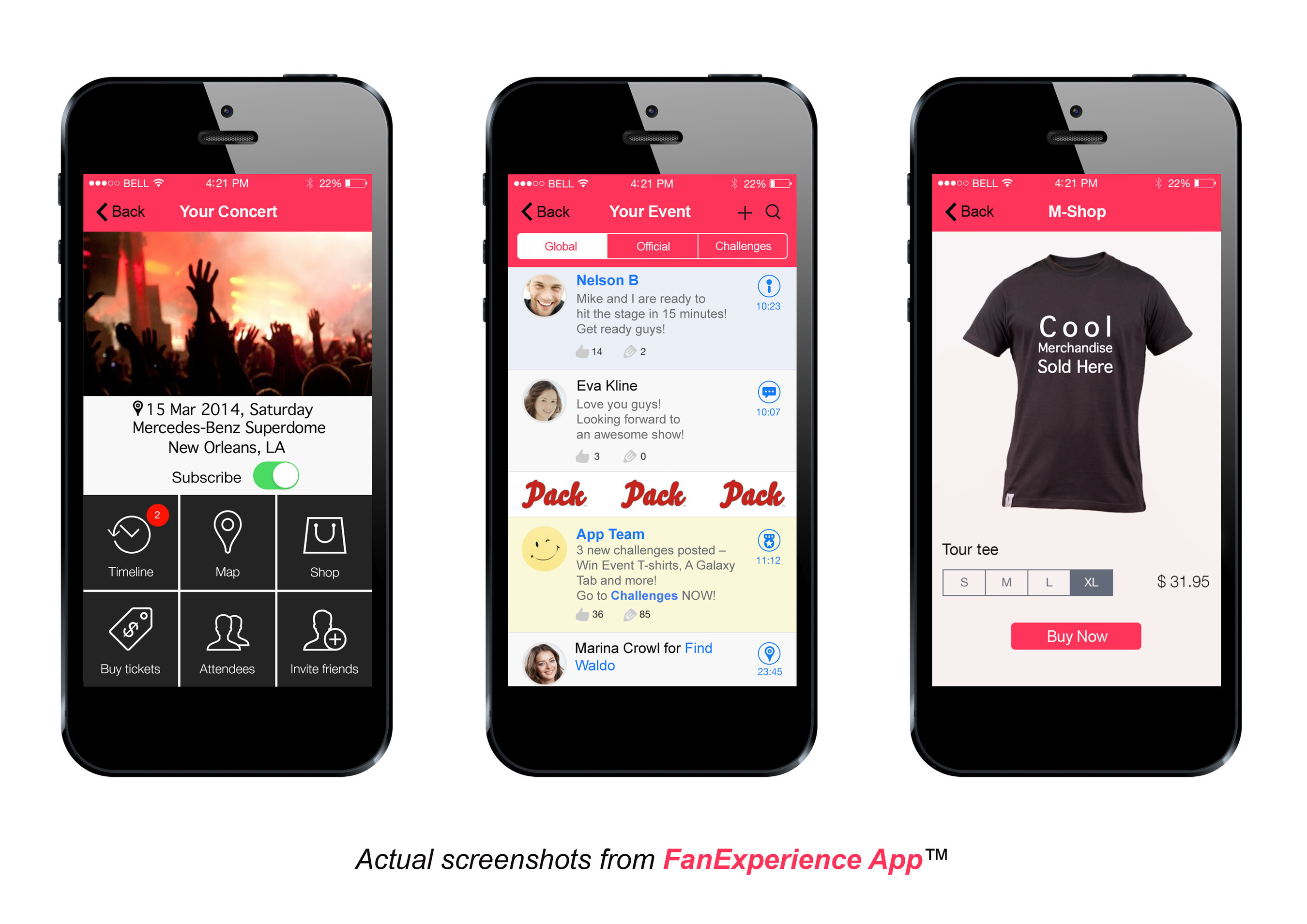 FanExperience App screenshots - Welcome Page, Timeline view and mobile shop (PRNewsFoto/Pack Events)