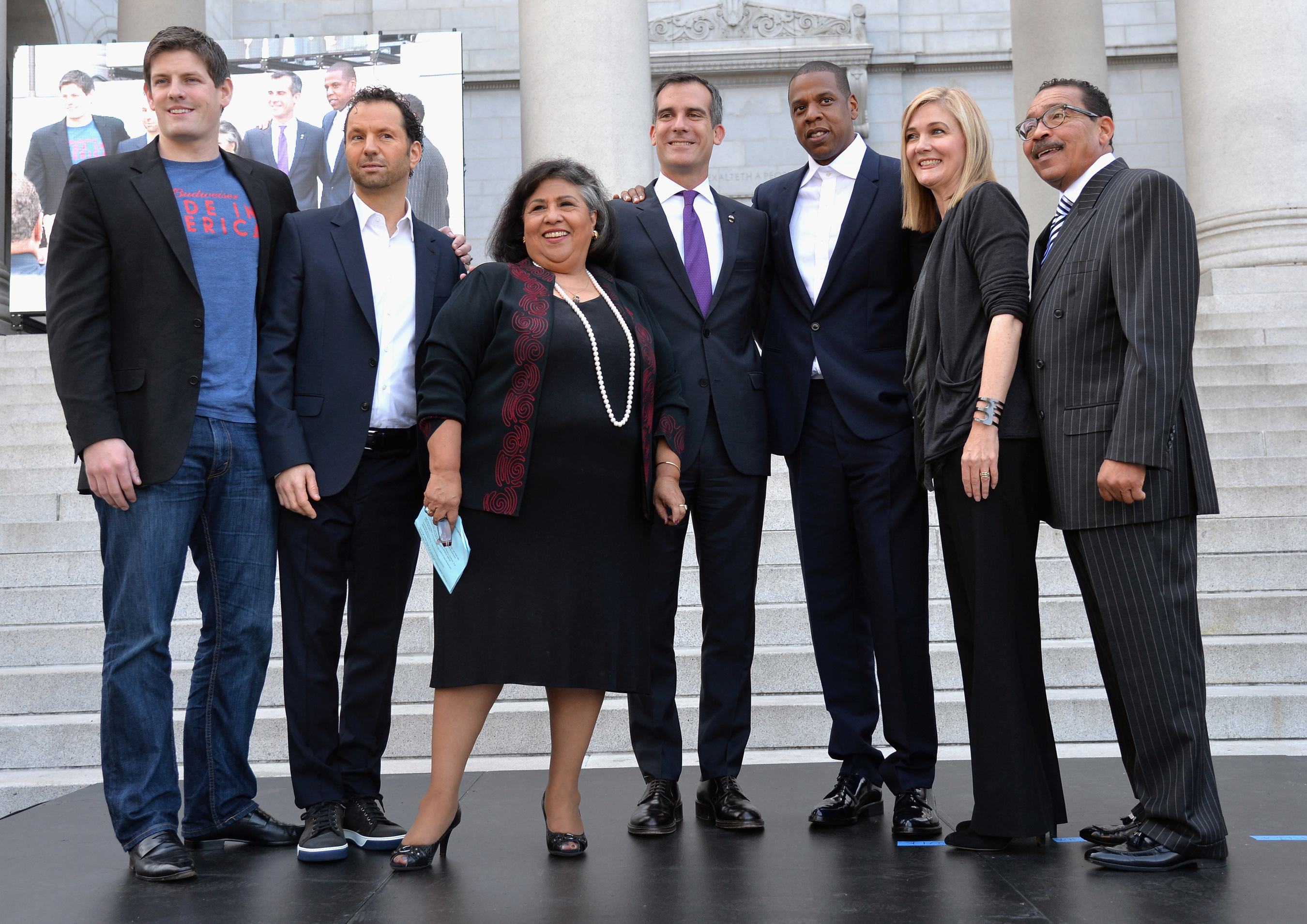 From left to right: Budweiser Vice President Brian Perkins, Michael Rapino of Live Nation, Los Angeles City Supervisor Gloria Molina, Mayor of Los Angeles Eric Garcetti, Shawn "Jay Z" Carter, Elise Buik of United Way Of Greater Los Angeles and Los Angeles City Council President Herb Wesson. (PRNewsFoto/Live Nation)
