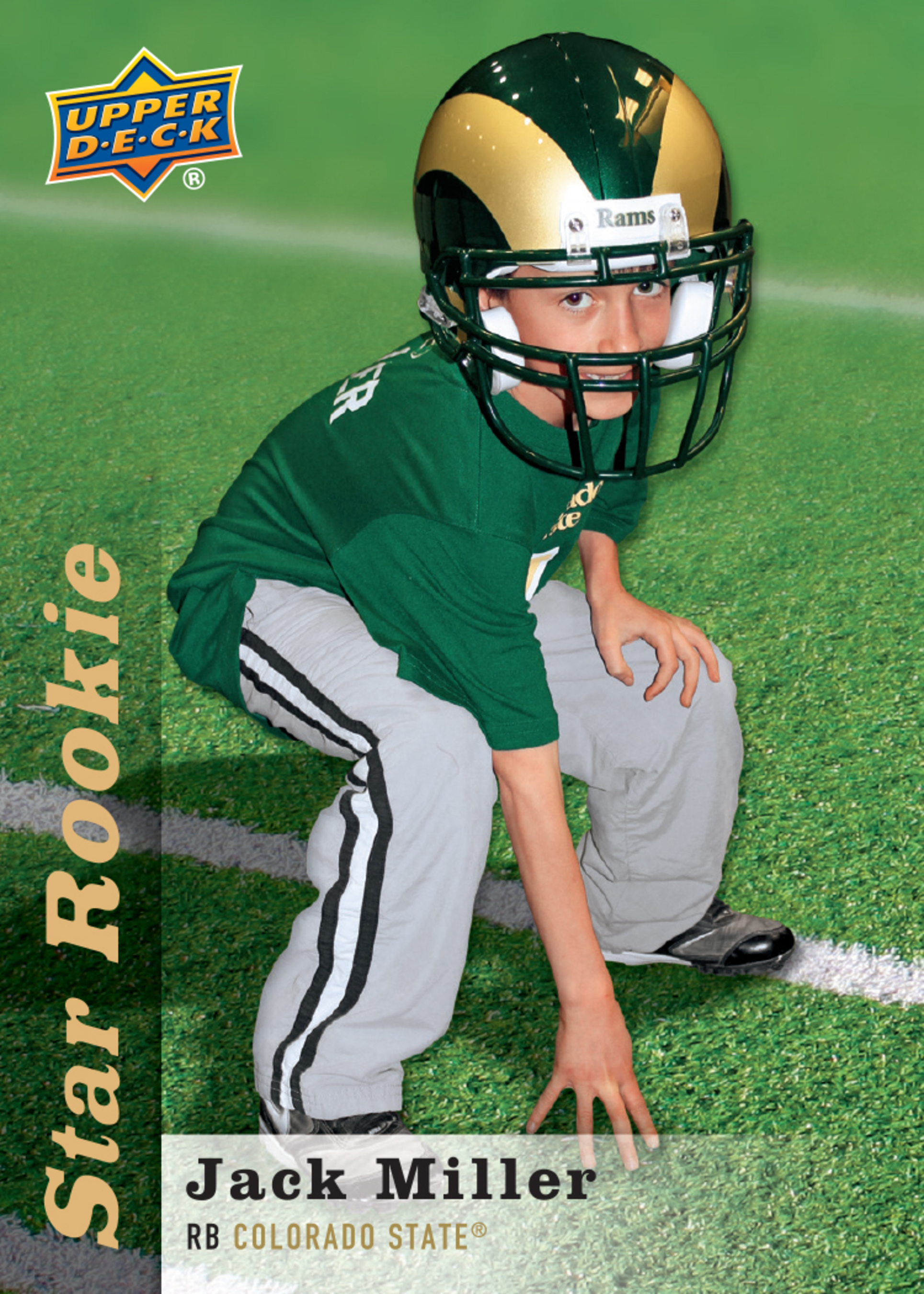 9-year-old cancer patient receives his very own Upper Deck Star Rookie card. Card depicted Jack Miller with the Colorado State Rams who adopted Jack through the Friends of Jaclyn charity. Jack's Upper Deck Star Rookie cards will be used for charitable purposes and to create awareness for the Friends of Jaclyn charity. (PRNewsFoto/Upper Deck)