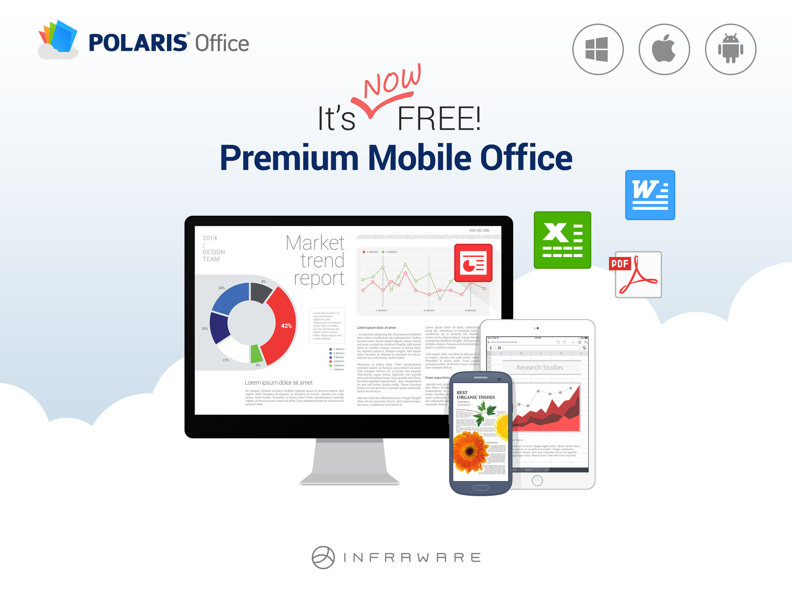 The brand new POLARIS Office is a cloud-based free-of-charge office application available on all mobile devices. POLARIS Office can be used from anywhere at anytime. (PRNewsFoto/INFRAWARE)
