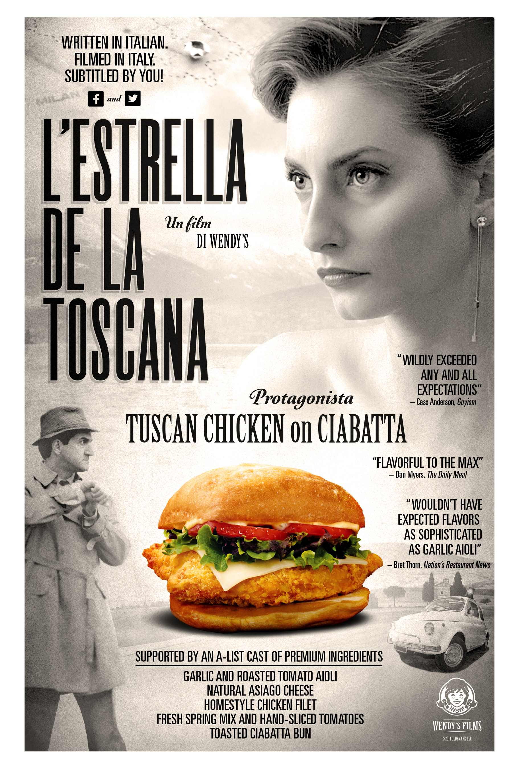 To celebrate the Italian-inspired Tuscan Chicken on Ciabatta, Wendy's is releasing a short film "L'Estrella de la Toscana" - Star of Tuscany - where fans will have the chance to taste the sandwich and submit captions to potentially be featured in the film.  (PRNewsFoto/The Wendy's Company)