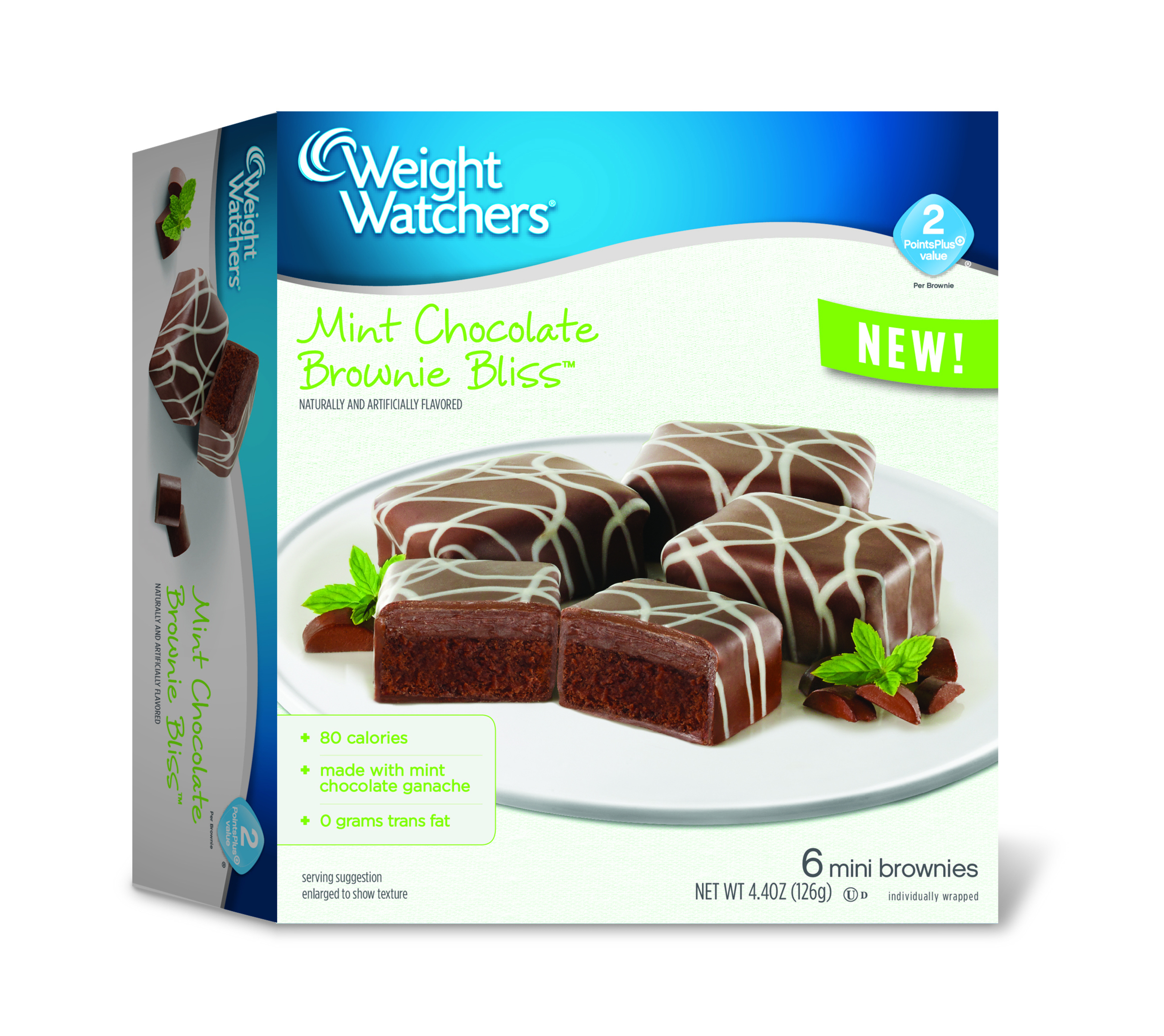 Mint Chocolate Brownie Bliss(TM) is a rich chocolate brownie, layered with velvety, mint chocolate ganache and covered in a chocolaty coating. (PRNewsFoto/Weight Watchers Sweet Baked Good)