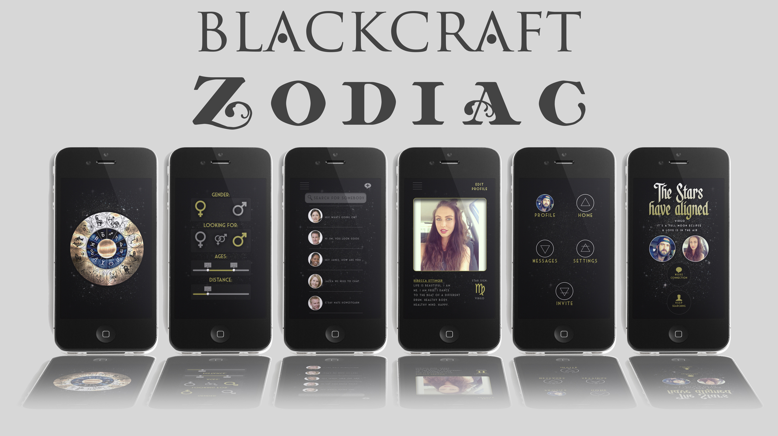 Preview images of new Blackcraft Zodiac app (PRNewsFoto/Blackcraft Cult Inc.)