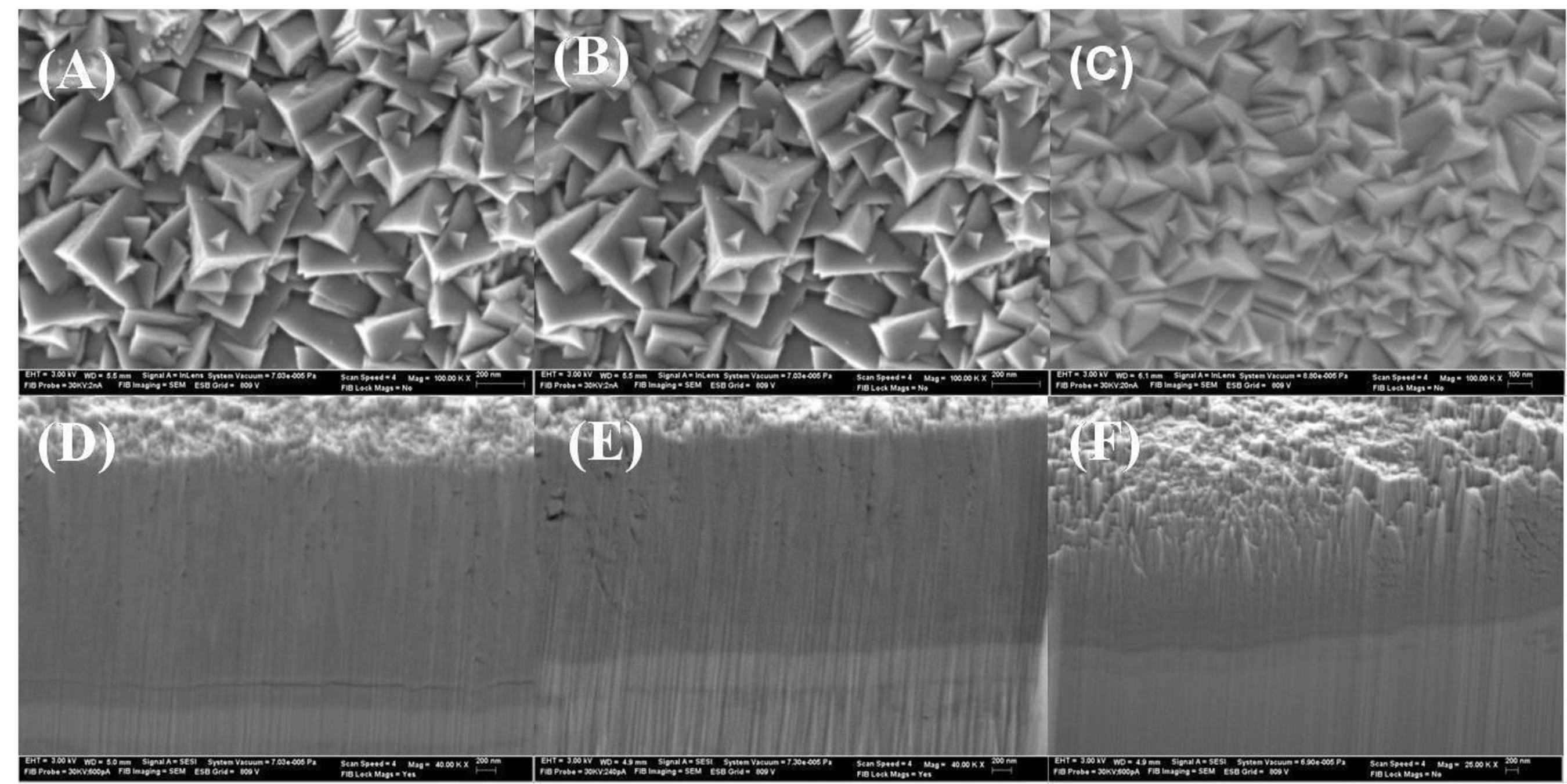 Figure 1. Focused Ion Beam micrograph- plan-view (top) and cross-section (bottom) of fractal TiN films deposited at (A & D) 25 o C; (B & E) 80 o C; and (C & F) 130 o C.  (PRNewsFoto/Denton Vacuum LLC)