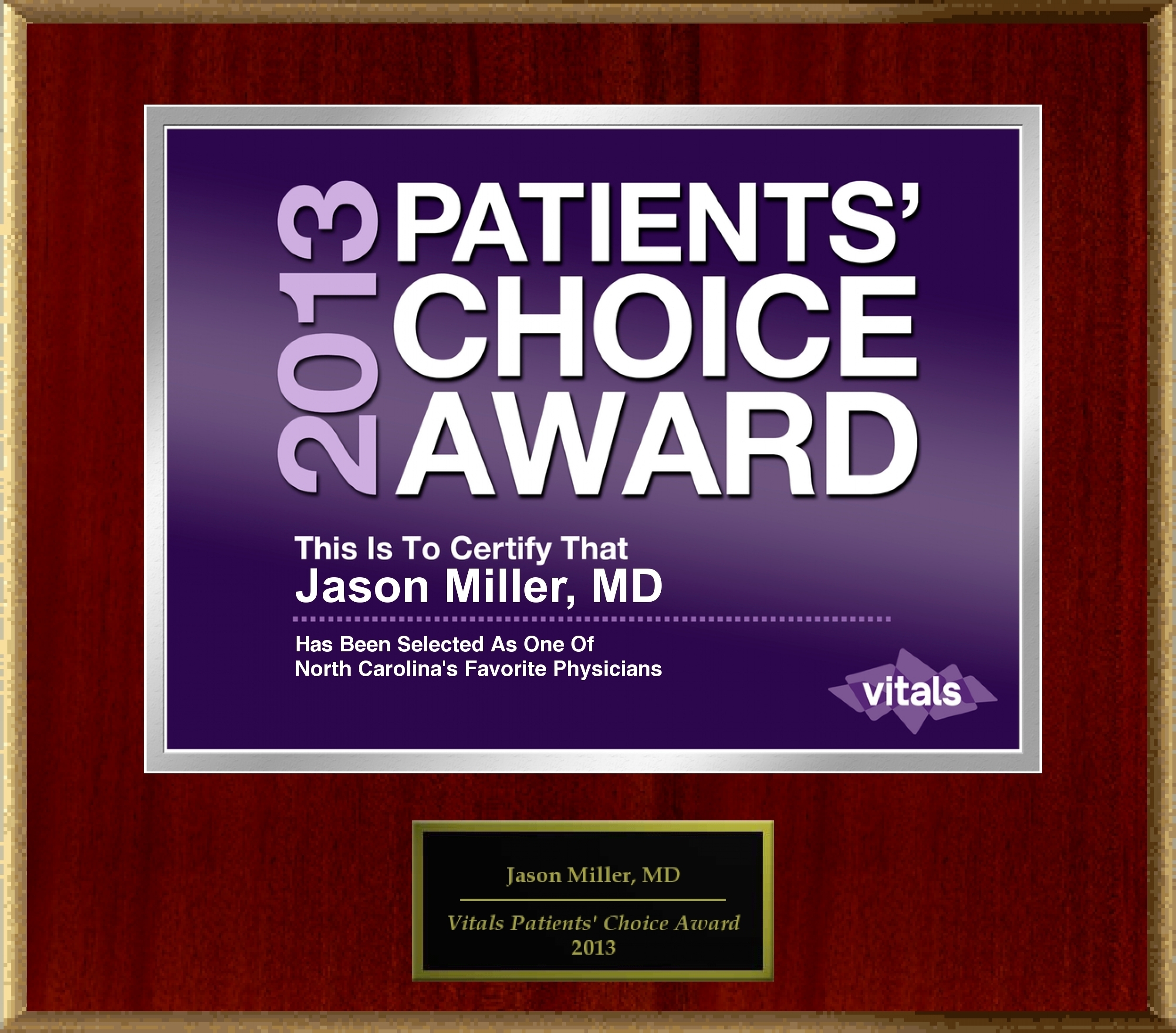 Dr. Jason Miller of Raleigh-Durham, NC Named a Patients' Choice Award Winner for 2013 (PRNewsFoto/American Registry)