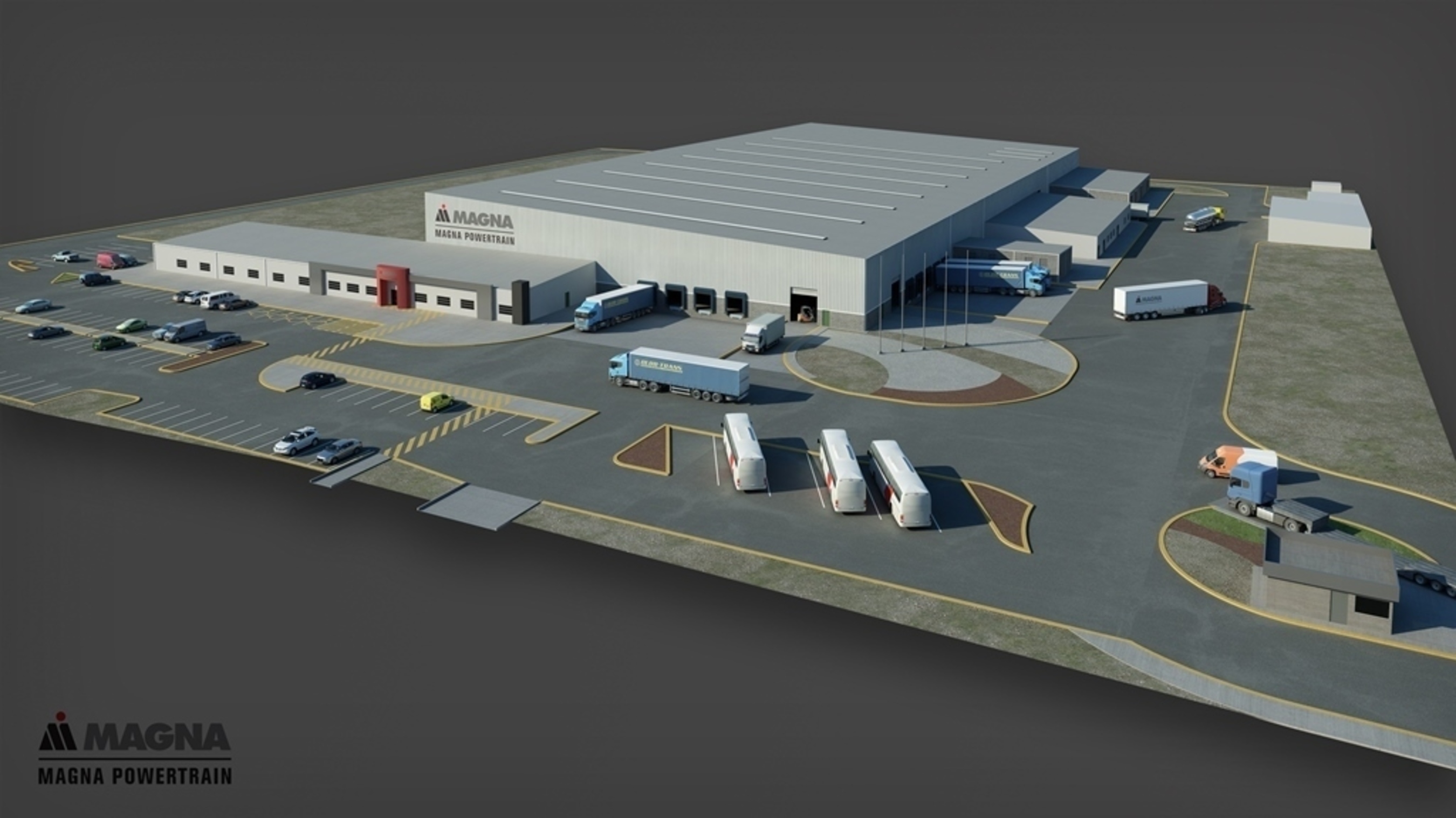 A rendering of Magna Powertrain's third building in Ramos Arizpe, Mexico, a 172,000-square-foot facility which will create jobs for an additional 230 people at full capacity and produce all-wheel drive systems for vehicles made by Volkswagens luxury brand Audi. (PRNewsFoto/Magna International Inc.)