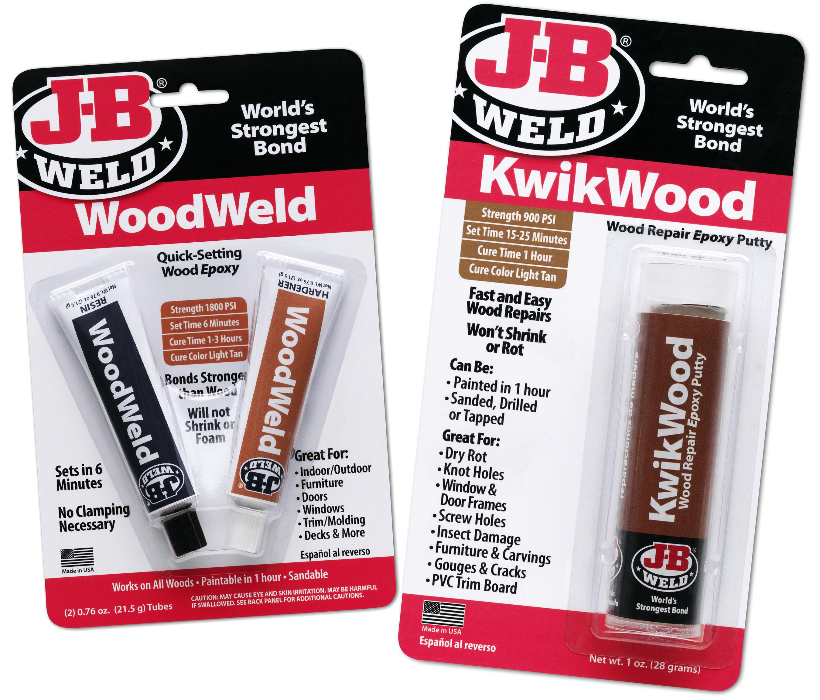 WoodWeld and KwikWood provide the world’s strongest bond for use on new projects or repairing older, damaged woods. The permanent bond is much stronger than glue and once cured, it can be shaped, tapped, filed, sanded or drilled. (PRNewsFoto/J-B Weld)