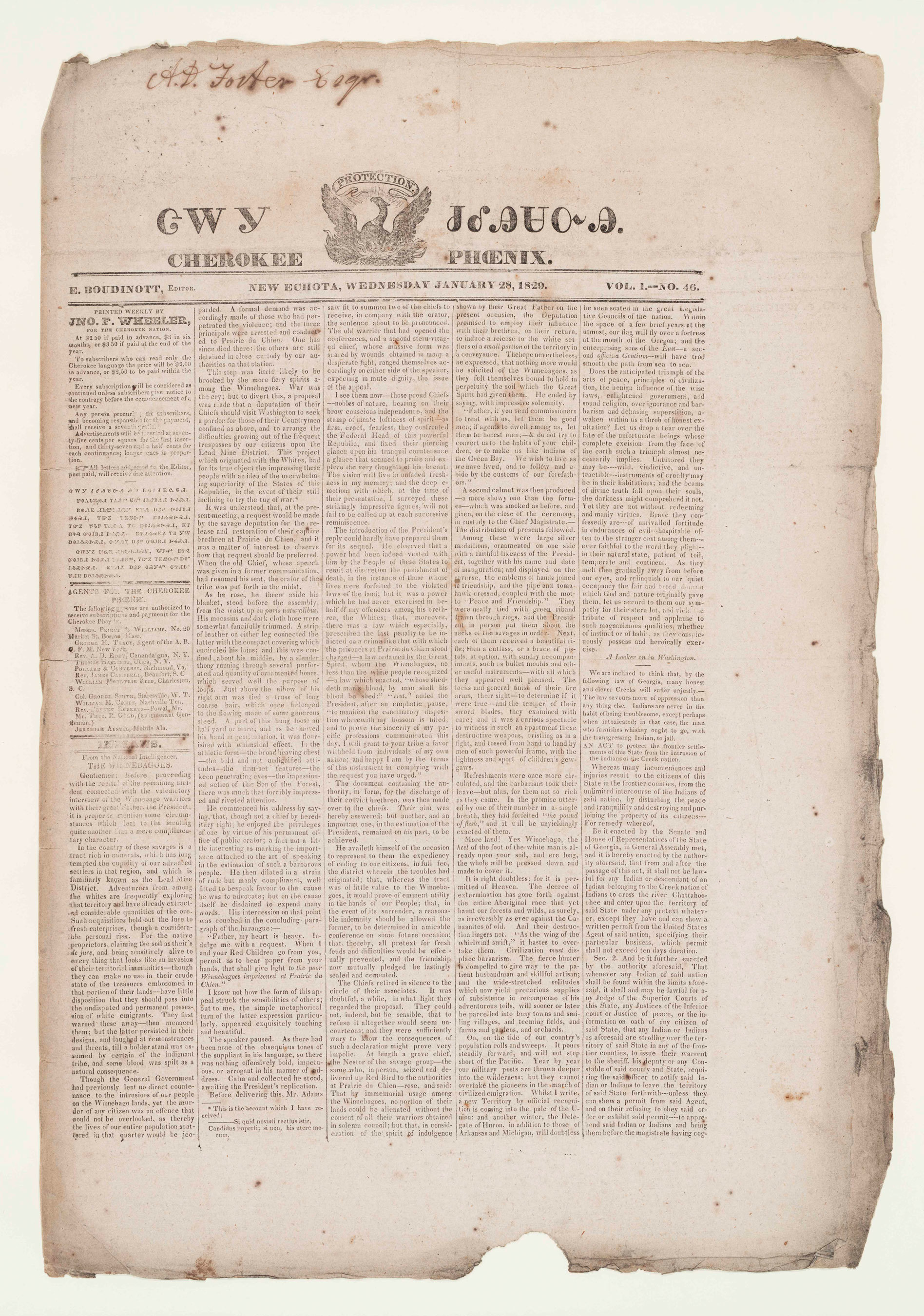 The Cherokee Phoenix -- the first Native American newspaper -- was launched in 1828 in New Echota, Ga. Publisher Elias Boudinot, born "Buck Deer," hoped for a time when "all the Indian tribes of America shall arise, Phoenix-like … and when the terms 'war whoop,' 'scalping knife' and the like shall become obsolete." Today, the Cherokee Phoenix is published monthly in print and online. Image credit: Newseum Collection (PRNewsFoto/Newseum)