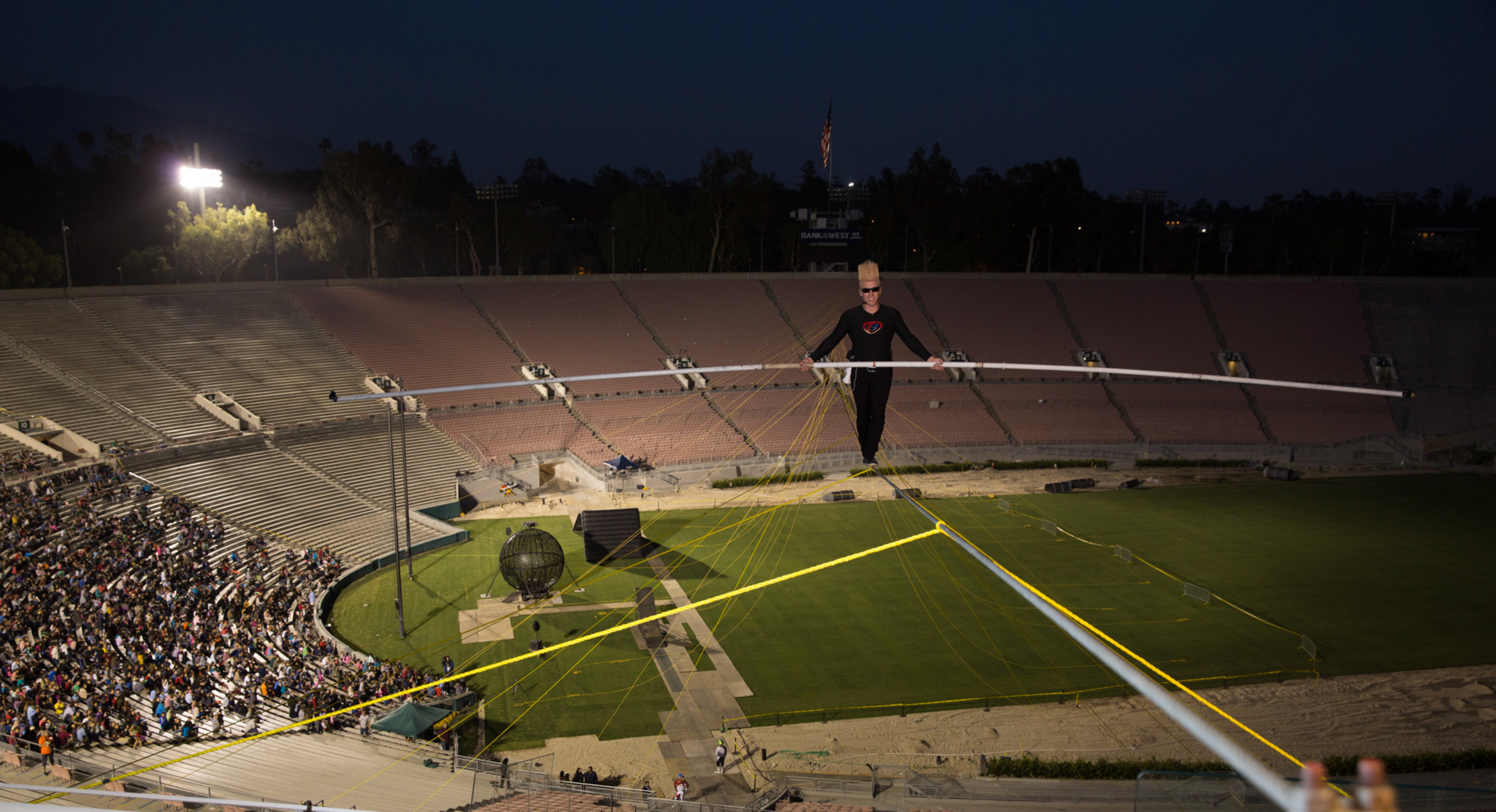 Bello Nock Traverses High Wire High Above Iconic Rose Bowl Stadium (Photo courtesy of Mandt Bros. Productions). (PRNewsFoto/Bello Nock)