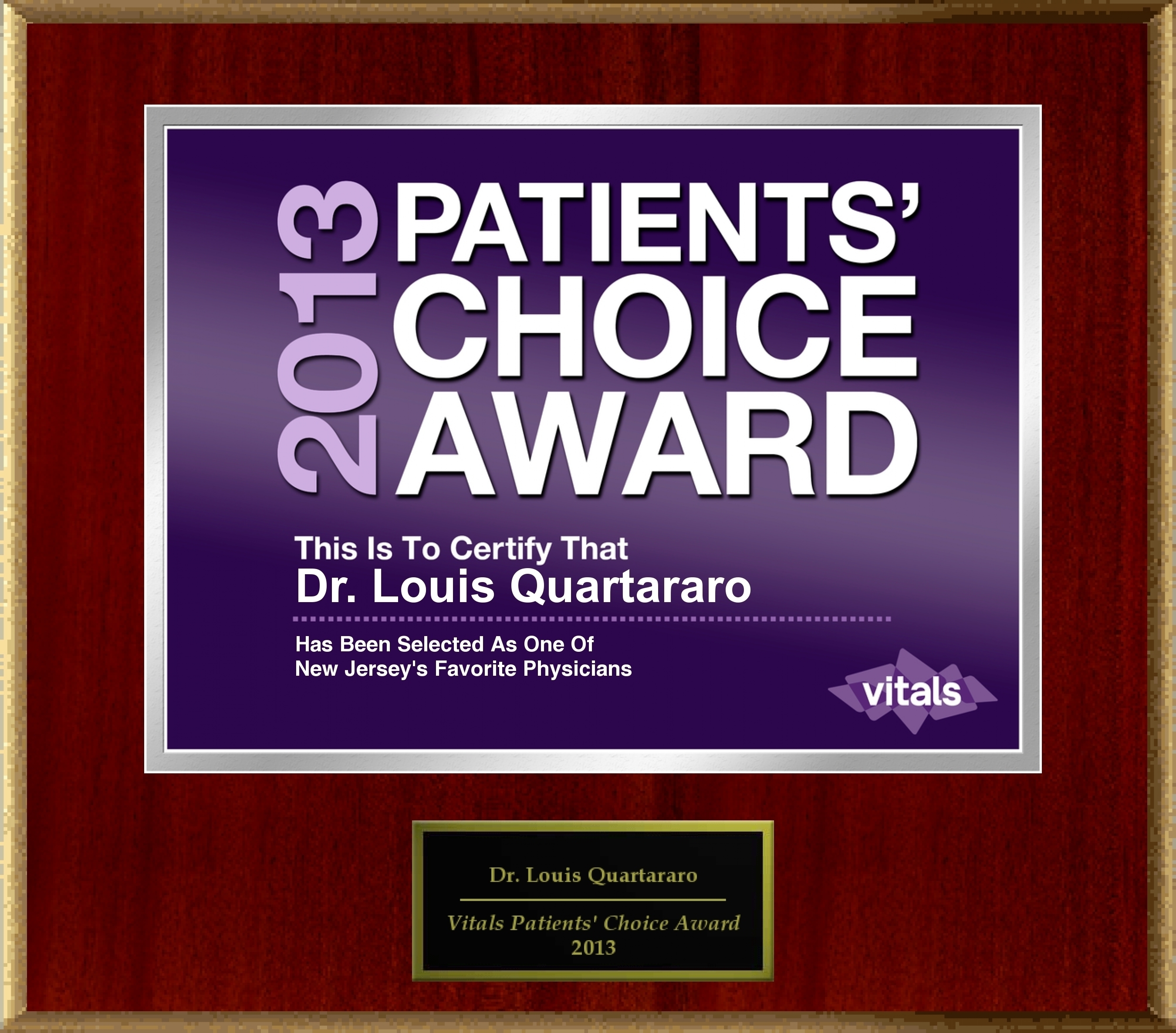Dr. Louis Quartararo of Paramus, NJ Named a Patients' Choice Award Winner for 2013 (PRNewsFoto/American Registry)