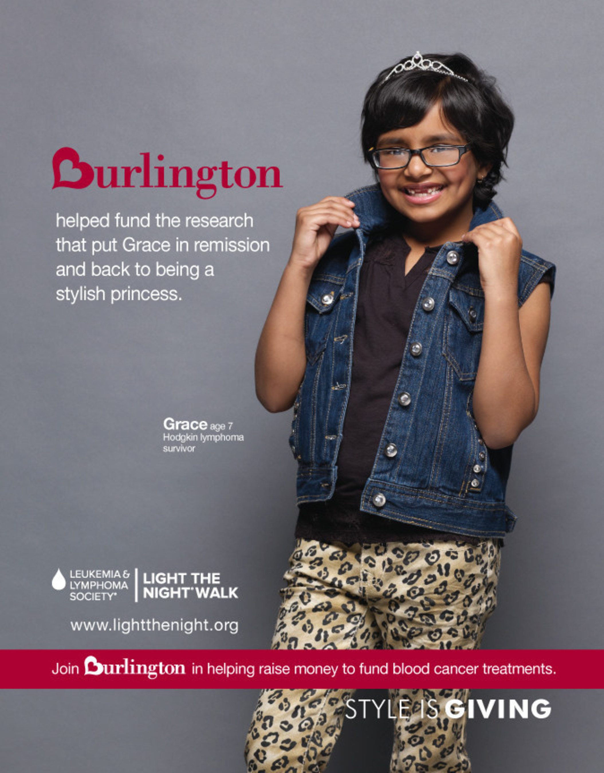In-store poster featuring Grace, age 7 is a Hodgkin lymphoma survivor.  Burlington helped fund the research that put Grace in remission and back to being a stylish princess. (PRNewsFoto/The Leukemia & Lymphoma Society)