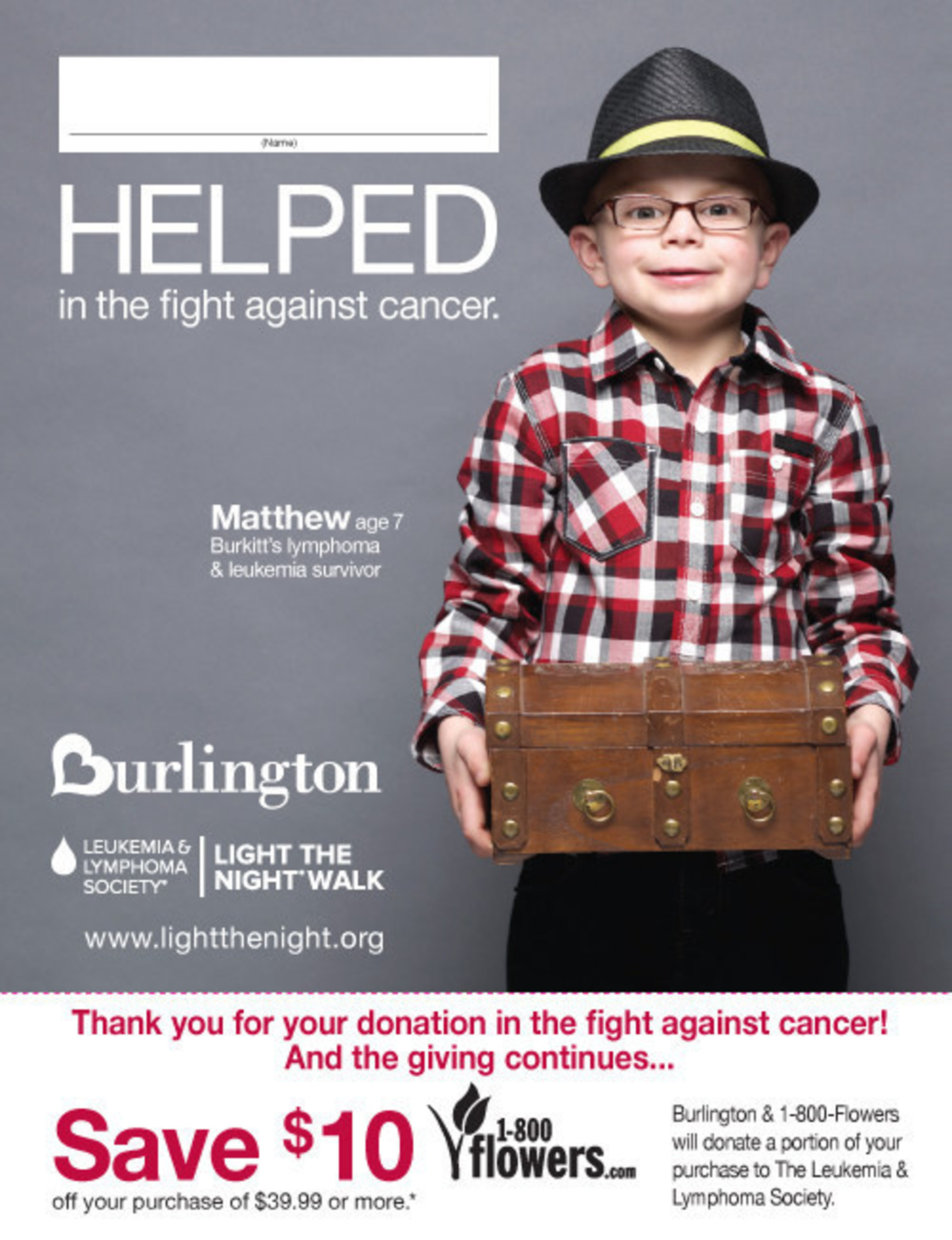 Paper icon customers receive when they make a donation at checkout to benefit LLS.  The icon features Matthew, age 7; he is a Burkitt's lymphoma and leukemia survivor.  Burlington helped fund the research that put Matthew in remission and back to his hobby of collecting treasures. (PRNewsFoto/The Leukemia & Lymphoma Society)