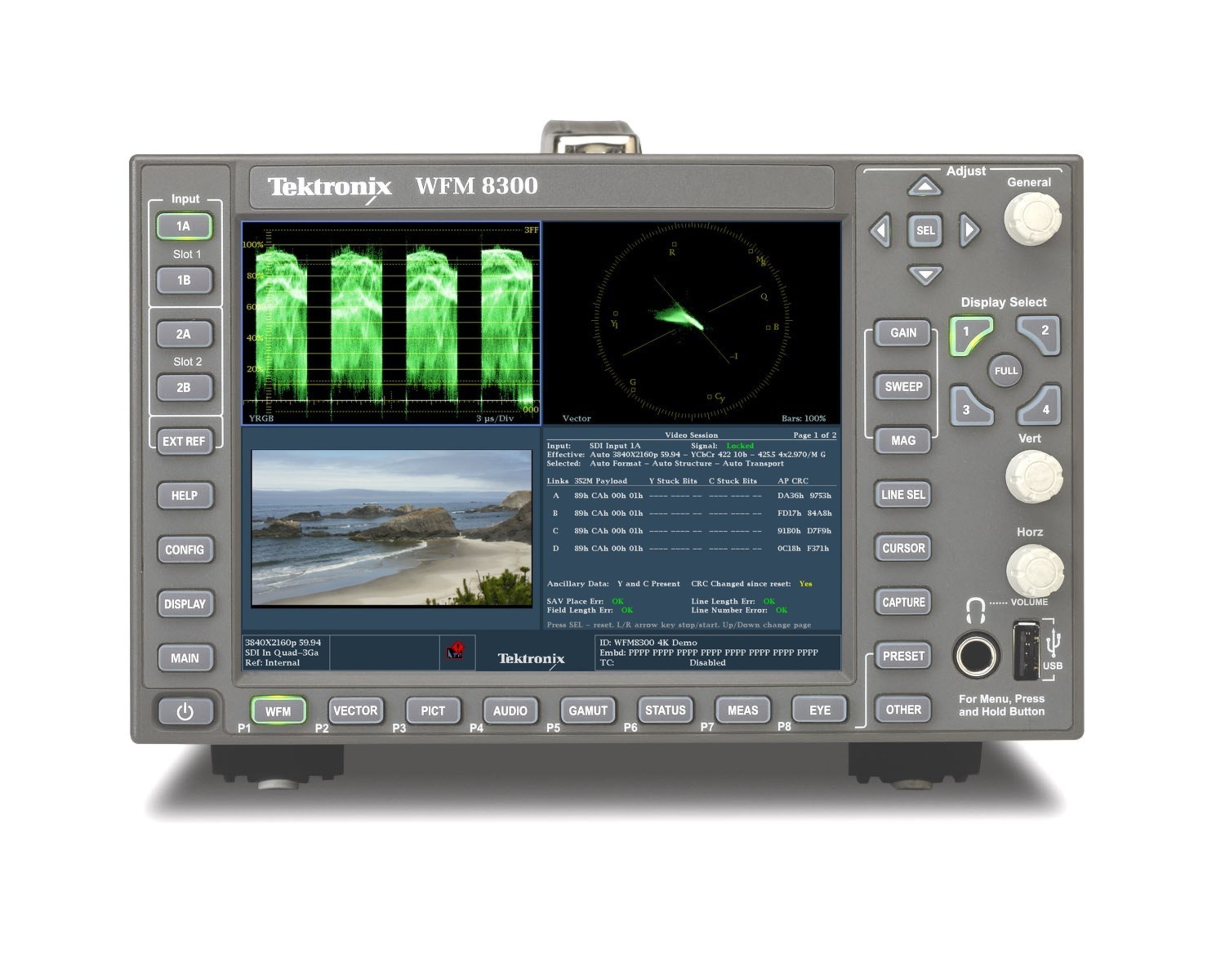 The WFM8200 and WFM8300 waveform monitors and WVR8200 and WVR8300 rasterizers can perform a broad range of 4K measurements including four tile displays of waveform, picture, vector, gamut and eye diagram for YPbPr formats.  These comprehensive measurement capabilities enable users to reduce the time to isolate, diagnose and remedy system issues and design faults. (PRNewsFoto/Tektronix)
