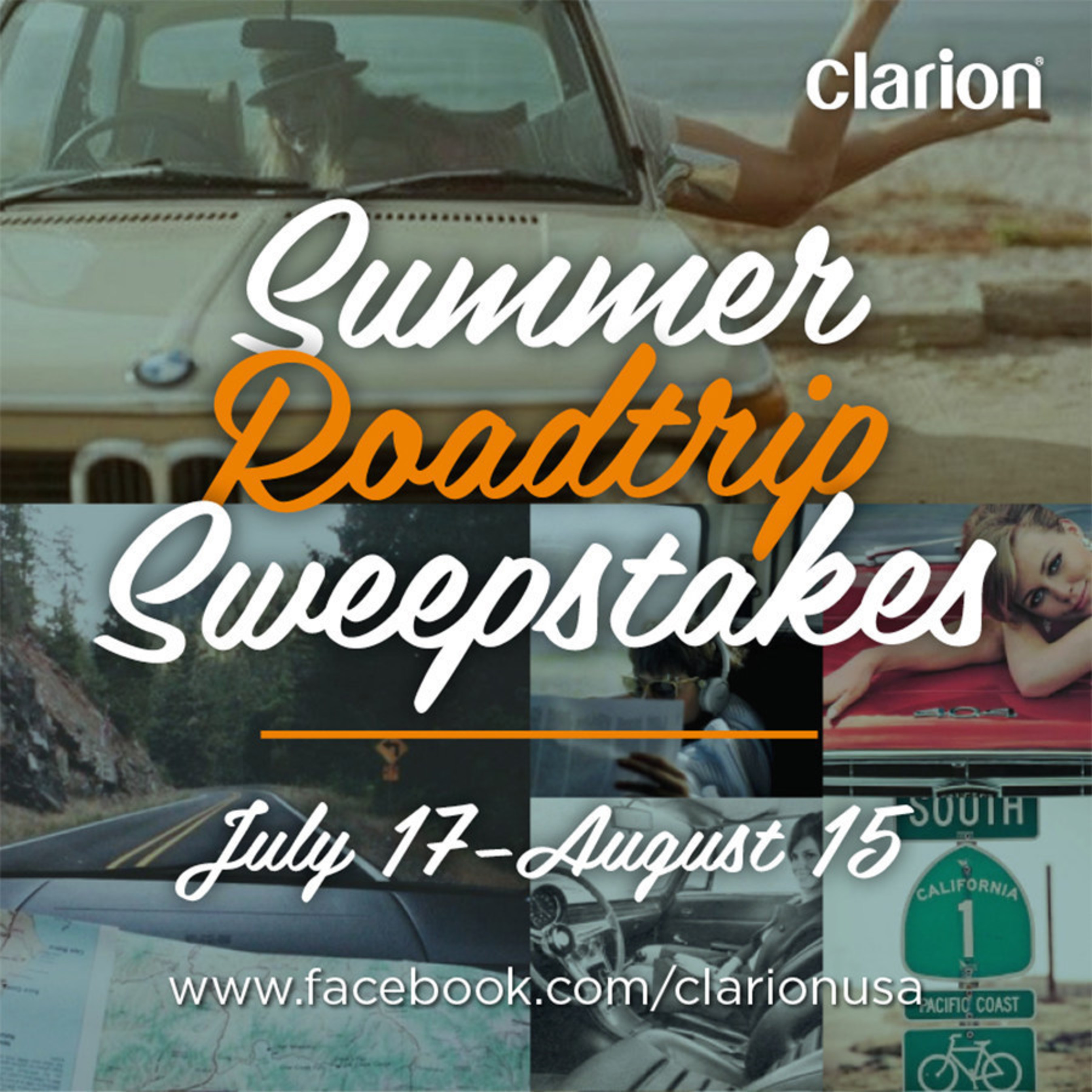 Clarion's Summer Roadtrip Sweepstakes promotion inspired by the global influence of the BMW 2002 in fashion and lifestyle and relates to the first Clarion Builds project of a complete restoration of a 1974 BMW 2002. Clarion's Summer Roadtrip Sweepstakes runs from July 17 until August 15, 2014. To enter the sweepstakes for a chance to win cool prizes, go to www.facebook.com/clarionusa and follow directions. No purchase is necessary. Clarion's Summer Roadtrip Sweepstakes' offers a gift card prizes each week and a fashionable grand prize package that will help you navigate your summer road trip in style! (PRNewsFoto/Clarion Corporation of America)