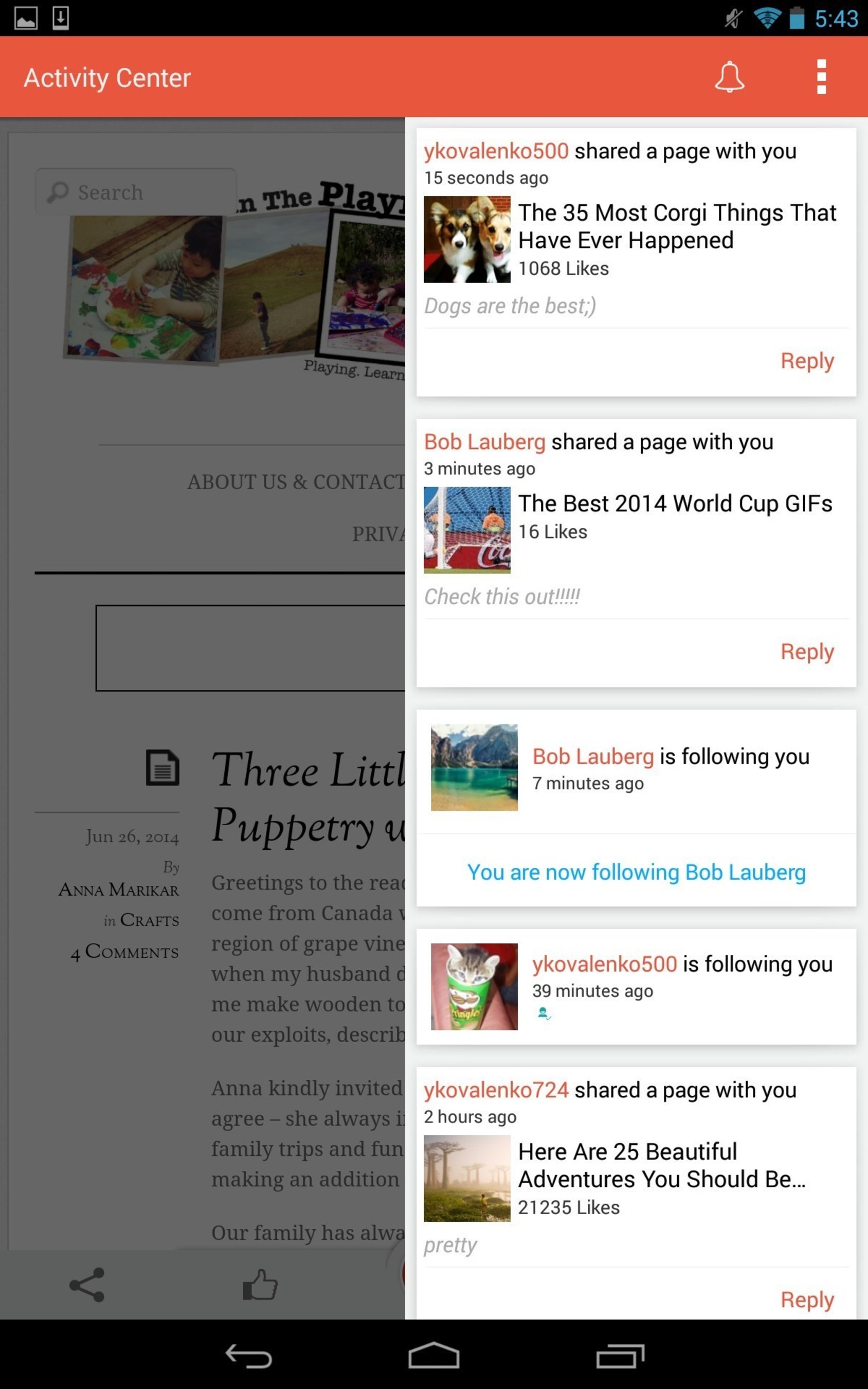 View shares and follower notifications in the new StumbleUpon for Android app Activity Center.  www.stumbleupon.com (PRNewsFoto/StumbleUpon)