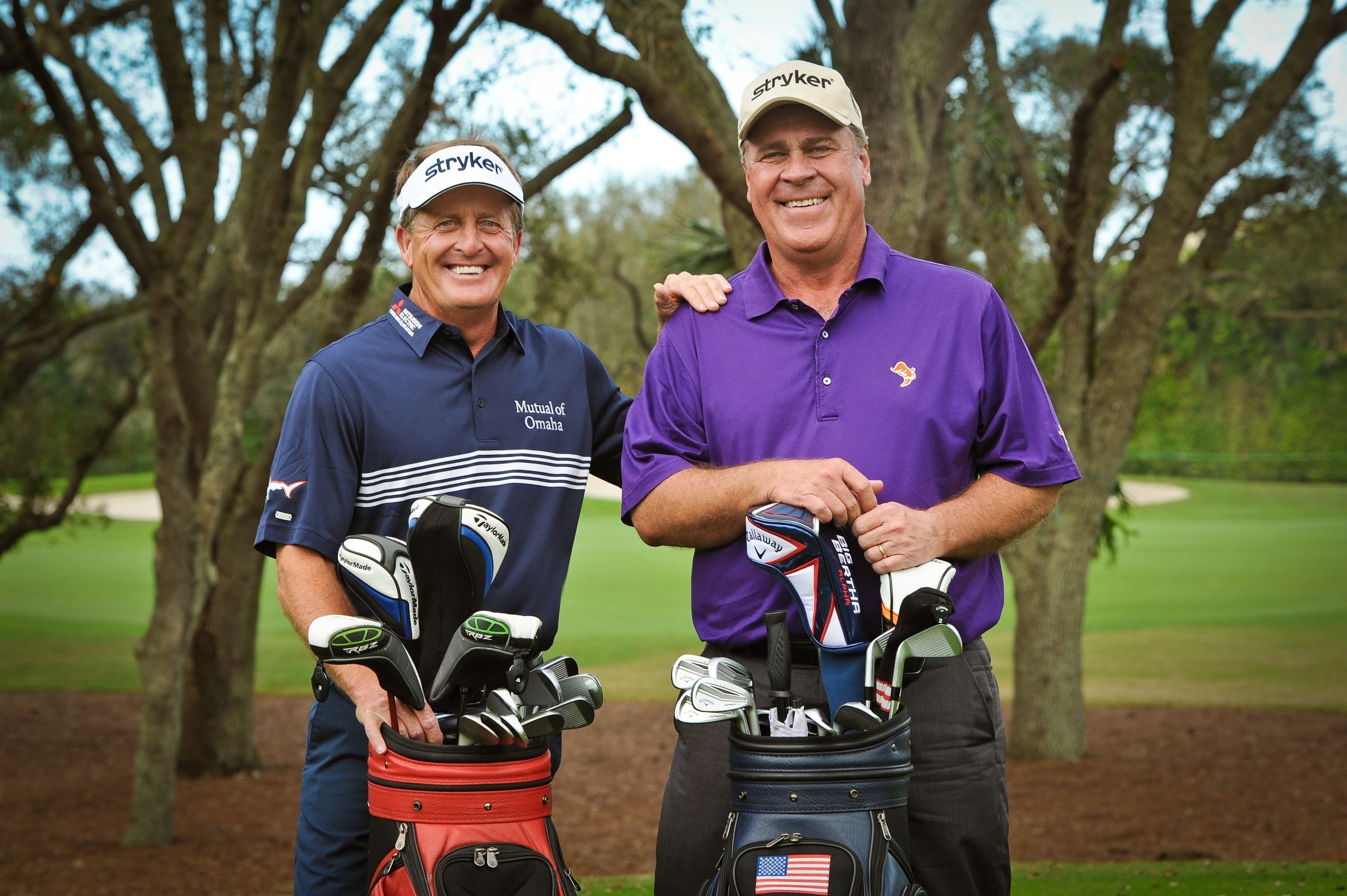 Pictured from left to right are Stryker ambassadors and Champions Tour golfers Fred Funk and Hal Sutton. Funk (total knee replacement) and Sutton (two total hip replacements) have both undergone joint replacement procedures with Stryker products. (PRNewsFoto/Stryker)