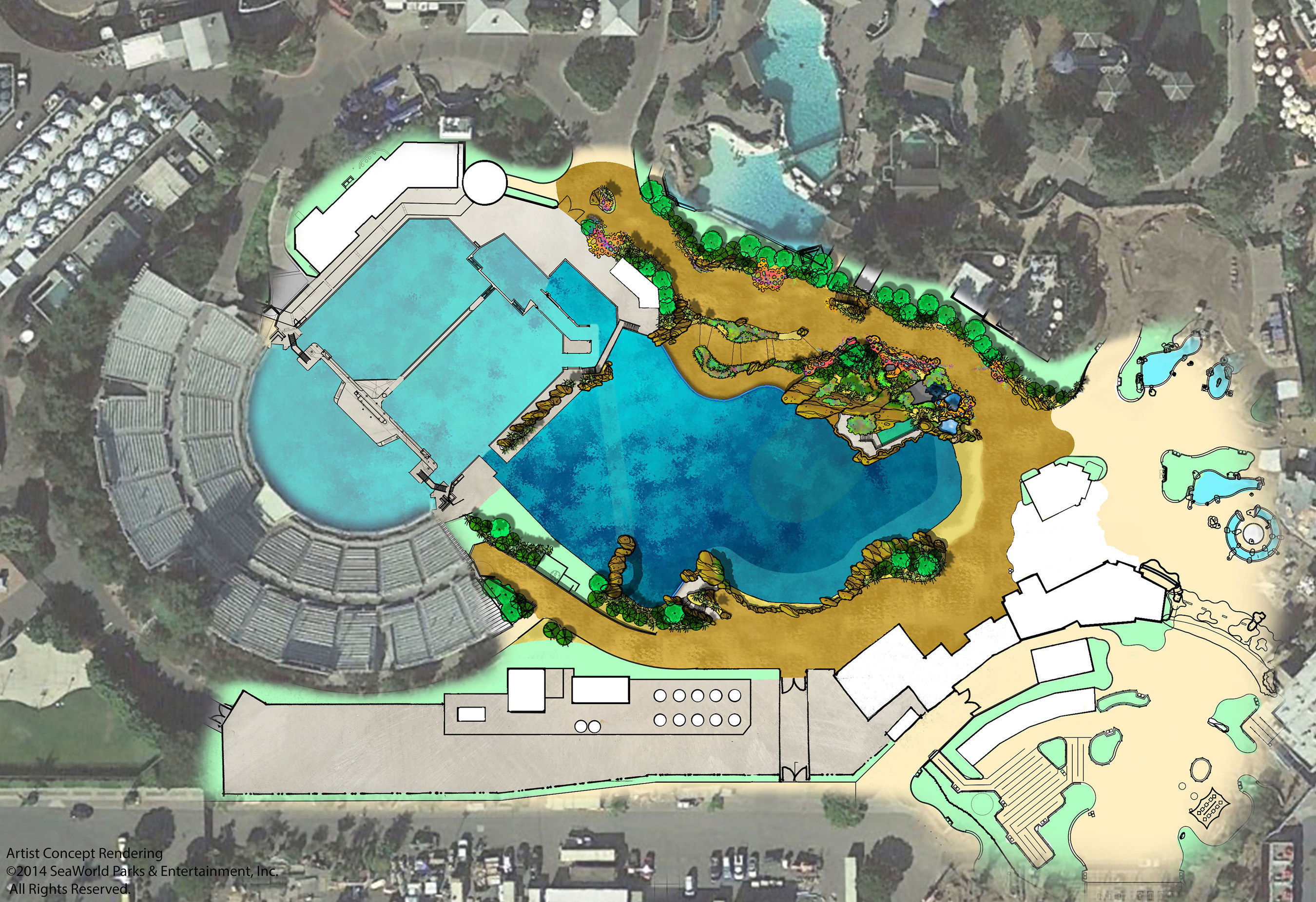 Overhead view of plans for SeaWorld's expanded killer whale environment. The new habitat will nearly double in size. (PRNewsFoto/SeaWorld Entertainment, Inc.)