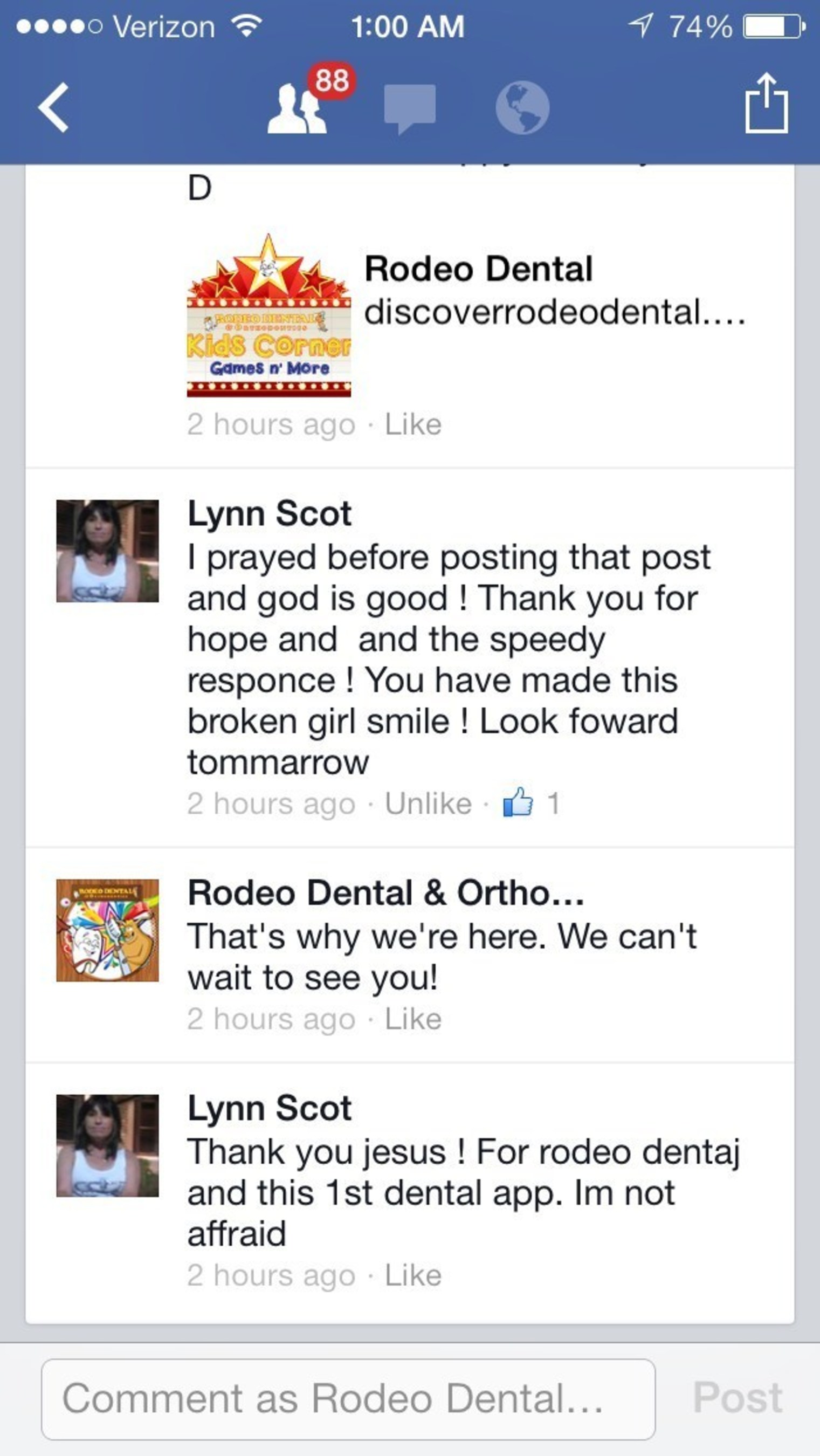 LYNN'S FACEBOOK MESSAGE TO DENTISTS PRIOR TO APPT. (PRNewsFoto/Rodeo Dental)