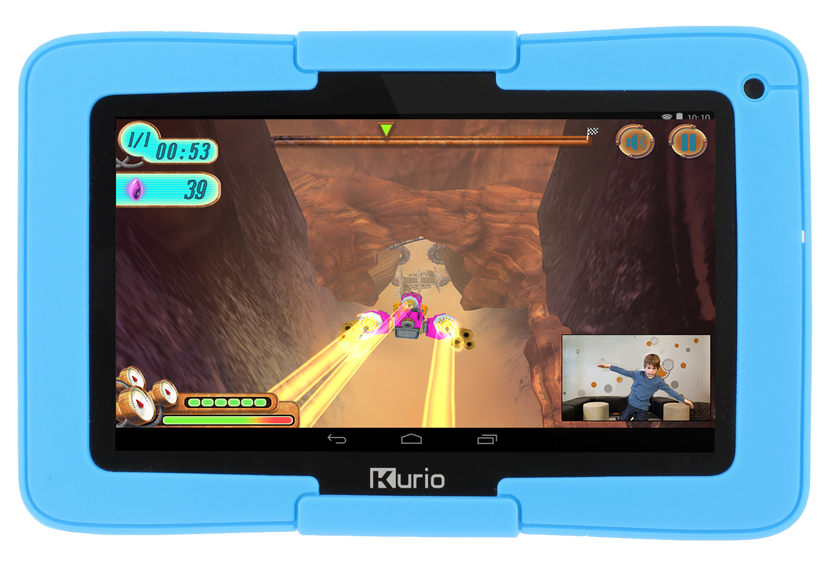 Kurio Xtreme introduces exclusive Kurio Motion gaming - the first body-controlled games on a tablet.  The advanced kid tablet comes preloaded with 10 Kurio Motion games that will get kids jumping, running and moving as they swim, ski, tend goal, space race and more.  The technology works using the tablet's camera alone, allowing games to be played anytime, anywhere.  No consoles, sensors, gaming controllers or TV is required.  A special Kurio Motion gaming stand is included with the device. (PRNewsFoto/Techno Source)