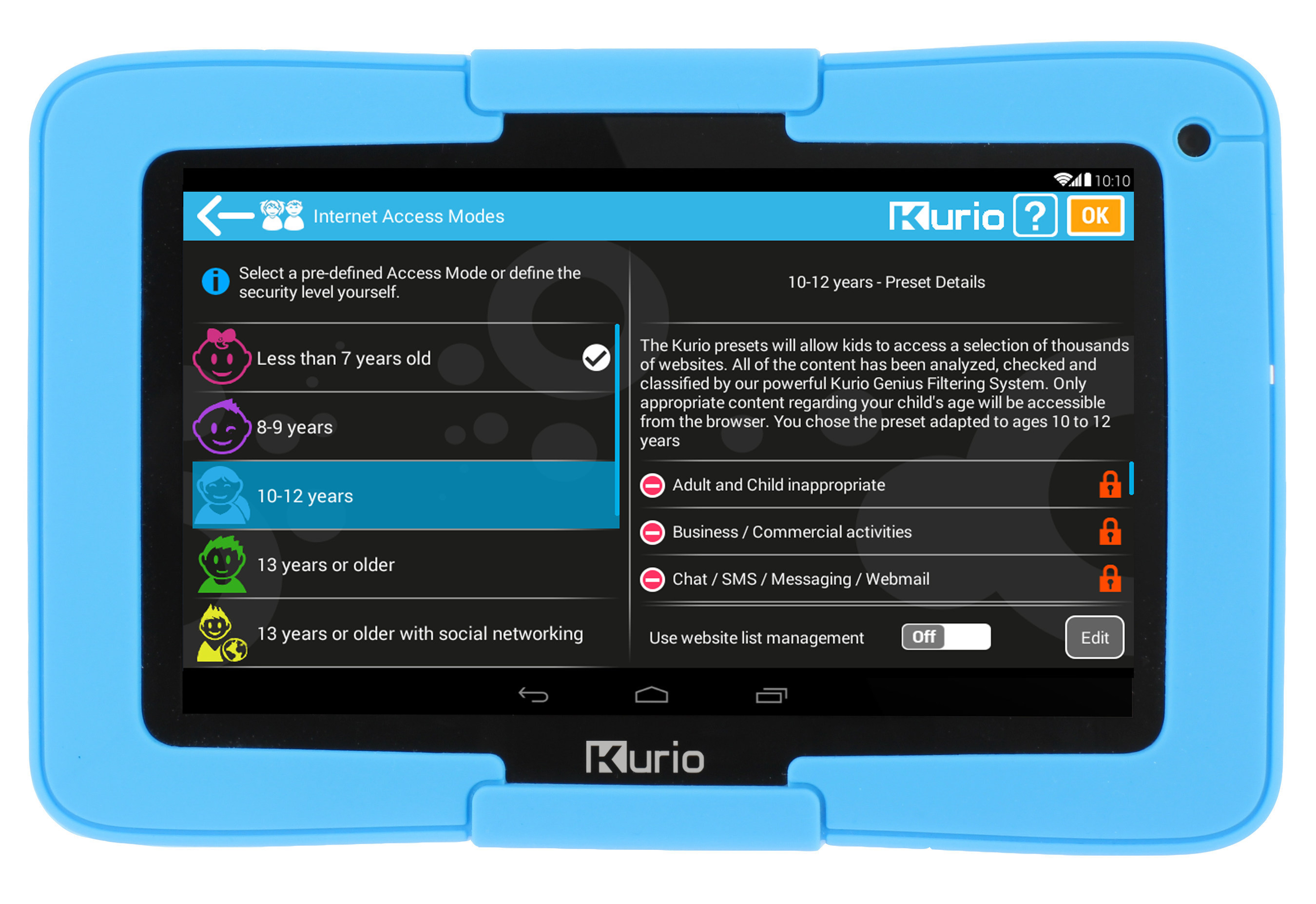Kurio Xtreme includes the proprietary Kurio Genius Internet filtering system that is updated daily, covering more than 500 million websites in 170 languages to block inappropriate content and keep kids safe online.  No subscription is required.  Parents can choose from pre-defined Access Modes by age category, safe list or block specific websites or define a custom filter that meets their comfort level. (PRNewsFoto/Techno Source)