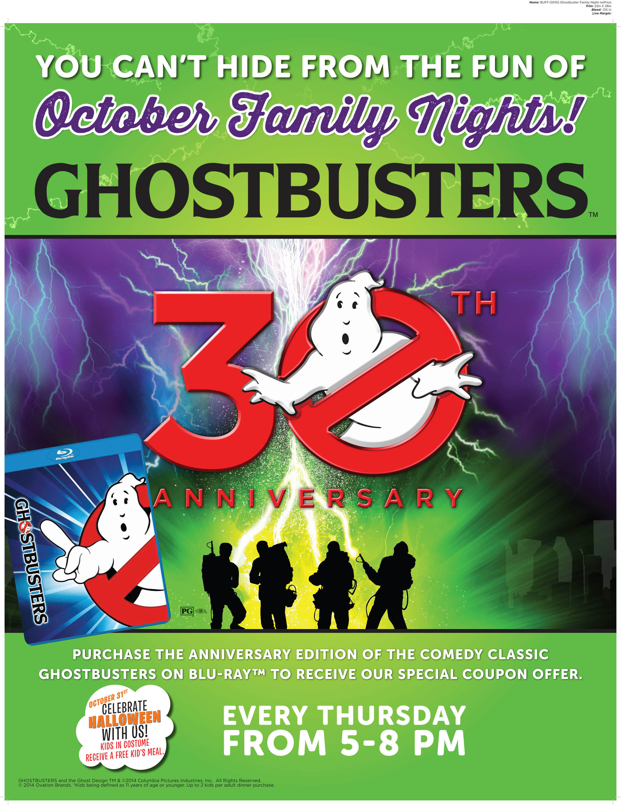 Ryan's, HomeTown Buffet, and Old Country Buffet are adding some spooky fun to Family Night by partnering with Ghostbusters. All 324 restaurants will feature Ghostbusters-themed activities every Thursday night in October.  The restaurants are also celebrating the 30th anniversary of the cult film classics, Ghostbusters I and II, which were released on Blu-ray as special anniversary editions and feature a $3-off dinner coupon good at any of the family-style restaurants. (PRNewsFoto/Ovation Brands)