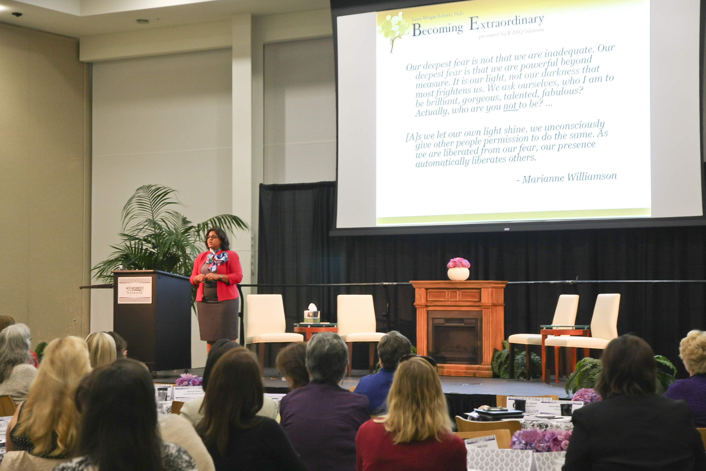 Laura Morgan-Roberts PhD, nationally-known author, professor and organizational consultant, discusses value creation for women in higher education at the annual ACE (American Council on Education) Women's Network Leadership Forum at California State University San Marcos on Friday, October 10. The event, entitled "Be Brave, Be Bold" (#bebravebebold) included over 100 women leaders from public and private colleges and universities throughout Southern California, providing participants with insights on best practices for supporting the advancement of women in higher education.