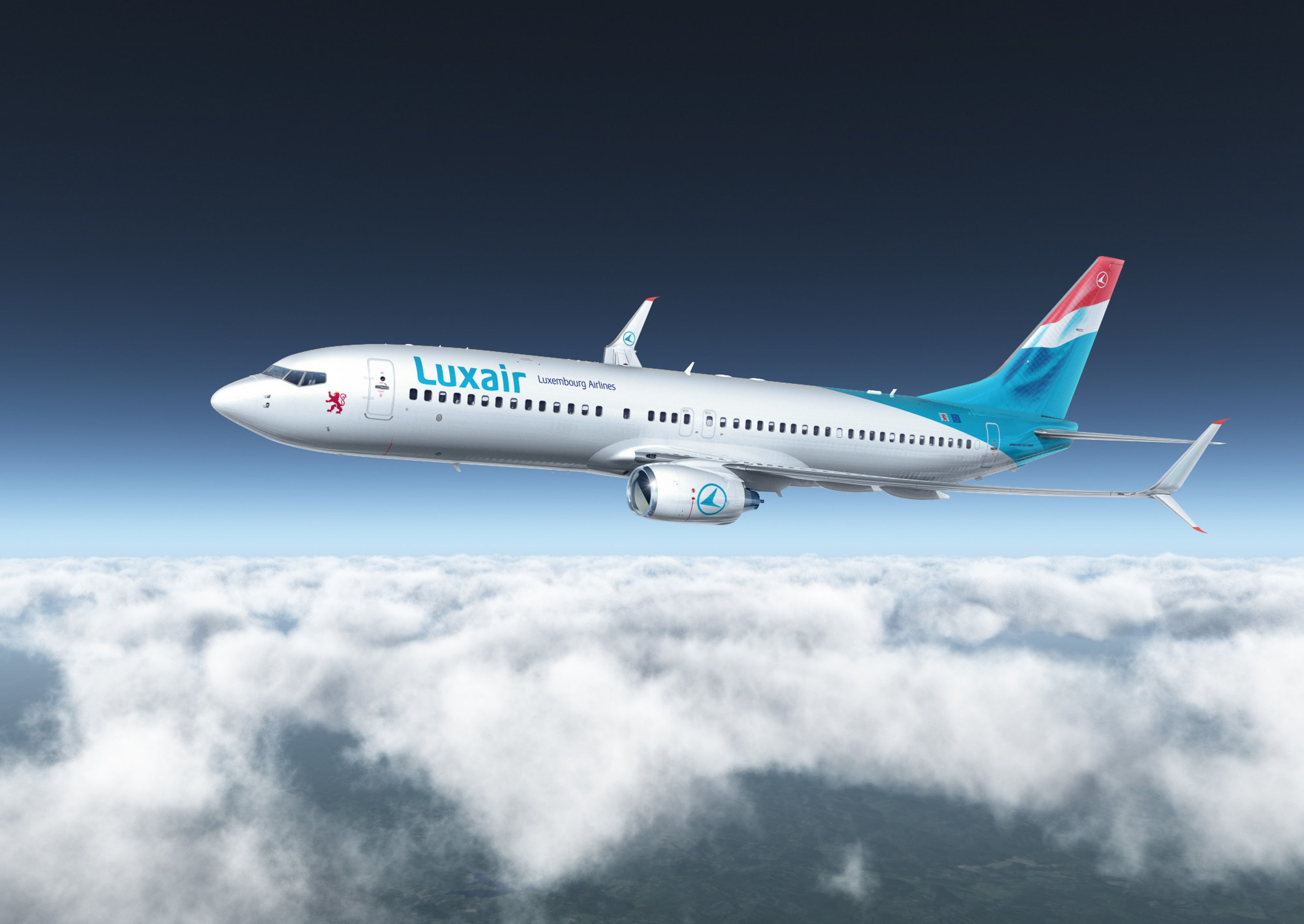 An artist's rendering of a Luxair 737-800 with Split Scimitar Winglets.