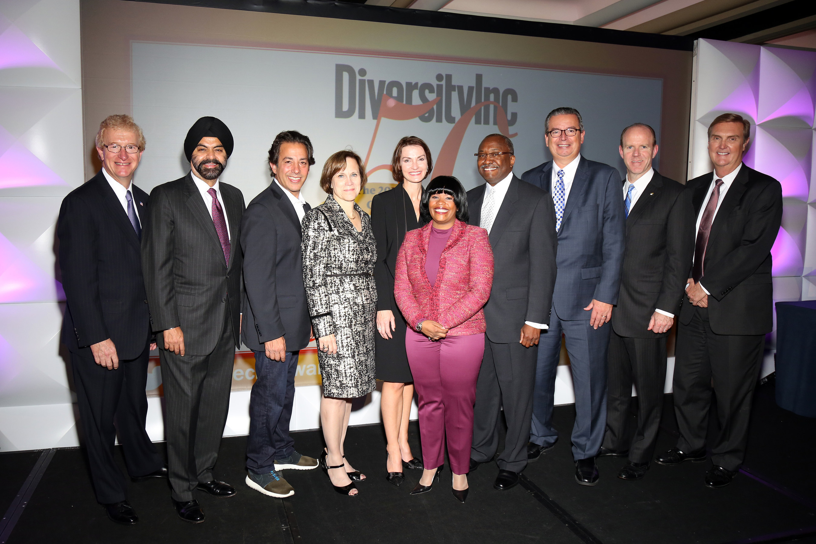 From left to right: Stephen Holmes, Chairman and CEO, Wyndham Worldwide; Ajay Banga, President and CEO, MasterCard Worldwide; Luke Visconti, CEO, DiversityInc; Barbara Frankel, SVP, Executive Editor, DiversityInc; Christi Shaw, President, Novartis Pharmaceuticals Corporation; Carolynn Johnson, COO, DiversityInc; Willie Deese, EVP and President, Merck Manufacturing Division; George Chavel, President and CEO, Sodexo; Stephen Howe Jr., Americas Managing Partner, EY; and Stephen J. Rohleder, Group Chief...