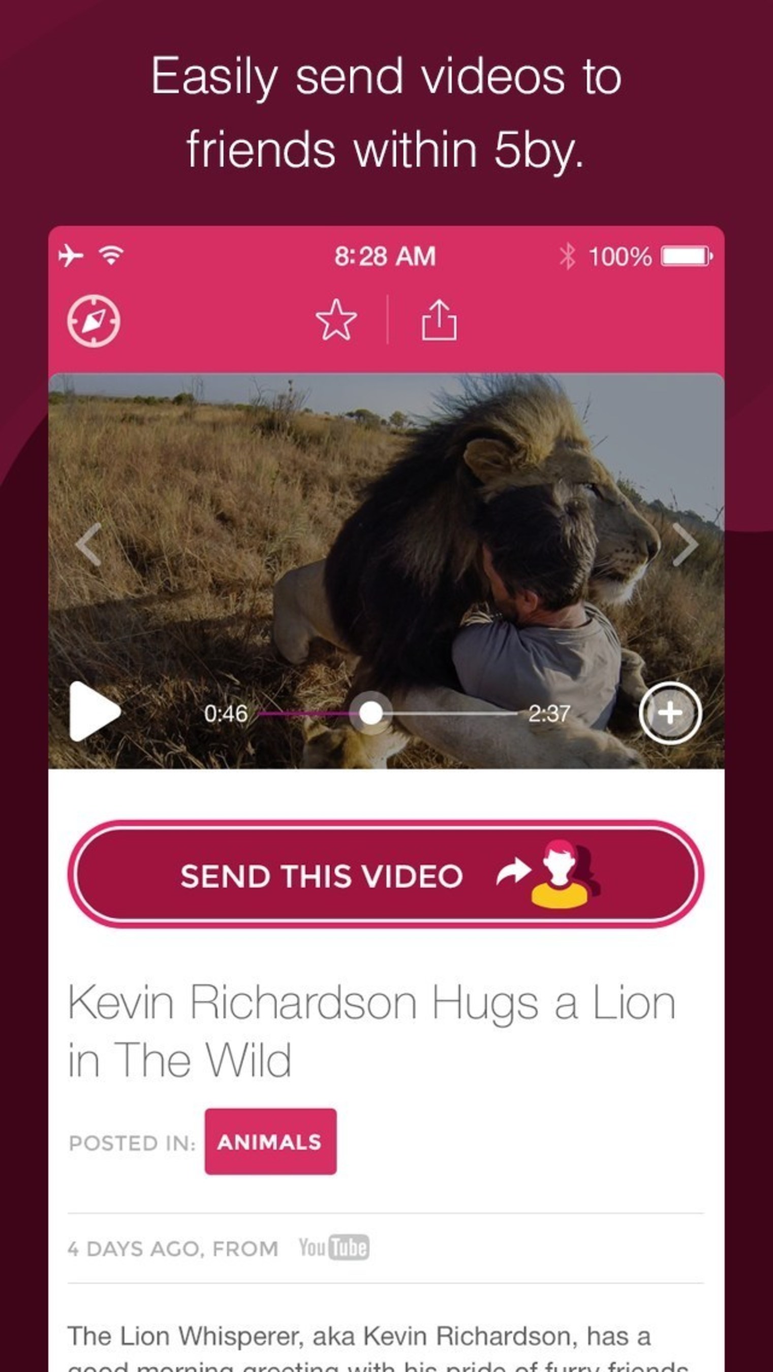 Easily send videos to friends within 5by and have real-time conversations about your favorites.