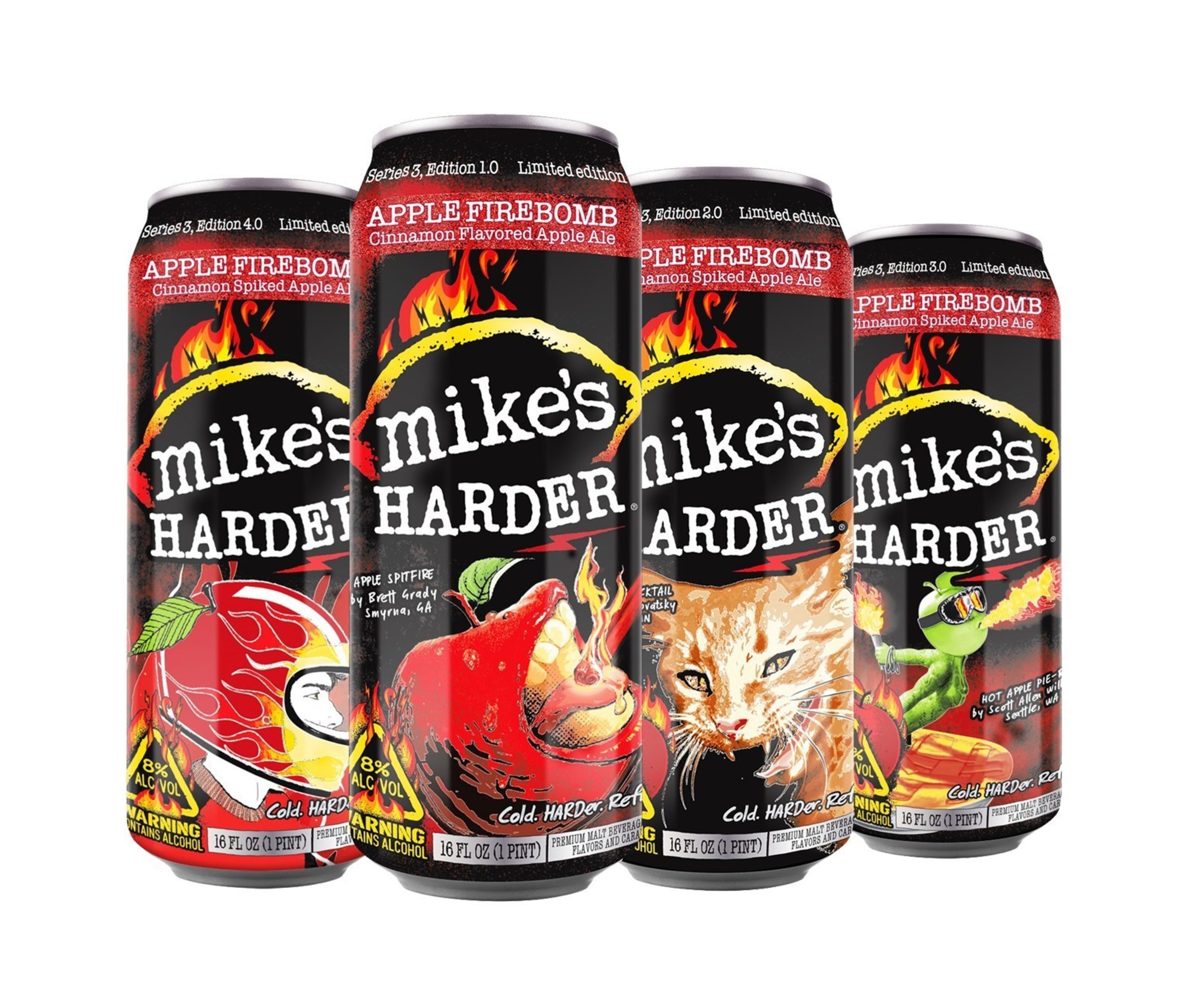 Combining the refreshment of a crisp apple ale with red hot cinnamon and 8% ABV, the new mike's HARDER Apple Firebomb flavor has been brought to life in four contest-winning designs conceived, named and chosen by HARDER fans: Apple Spitfire, Mad Kitty Cocktail, Hot Apple Pi-Ro and Red Hot Apple.