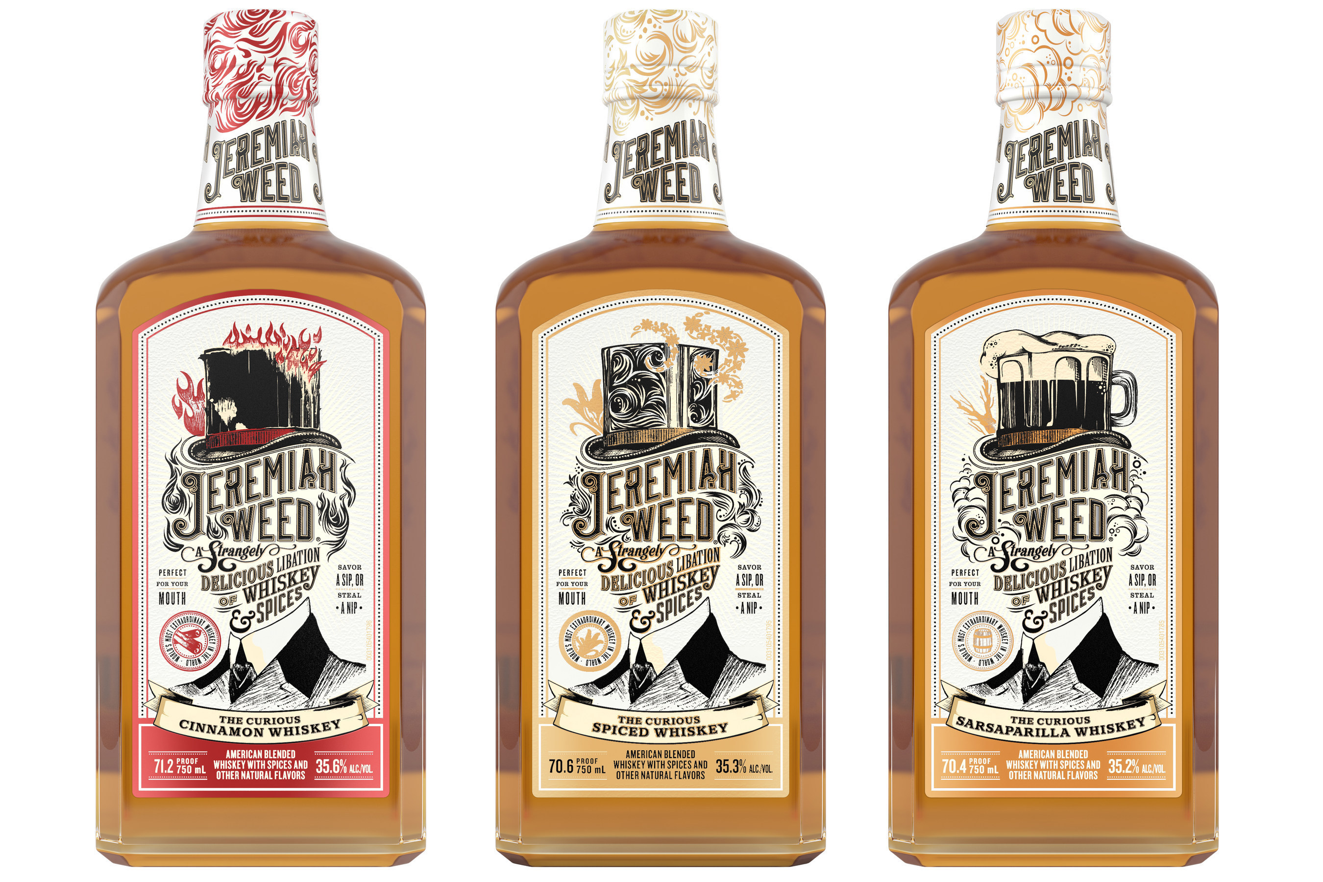 The makers of Jeremiah Weed unveil a new line of American whiskies blended with hand-selected secret spices and natural flavors. The releases include: Jeremiah Weed Spiced Whiskey, Jeremiah Weed Cinnamon Whiskey and Jeremiah Weed Sarsaparilla Whiskey.