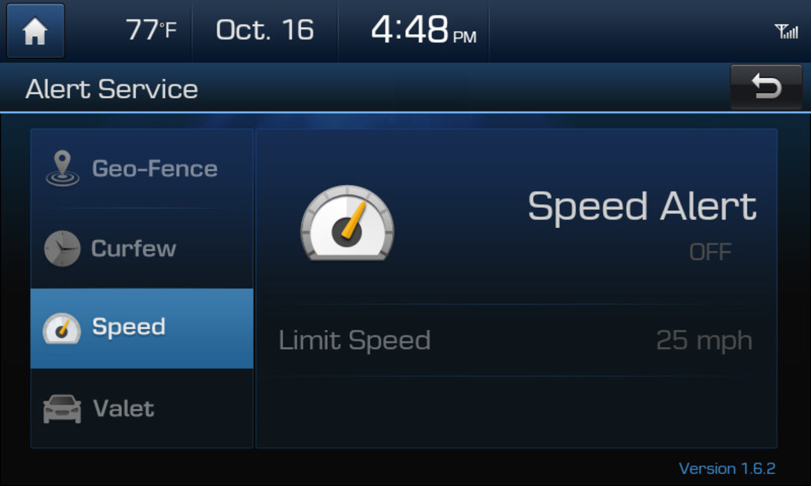 Hyundai Blue Link Vehicle Safeguards Alerts In-Vehicle App Speed Alert on the multimedia screen of a 2015 Azera